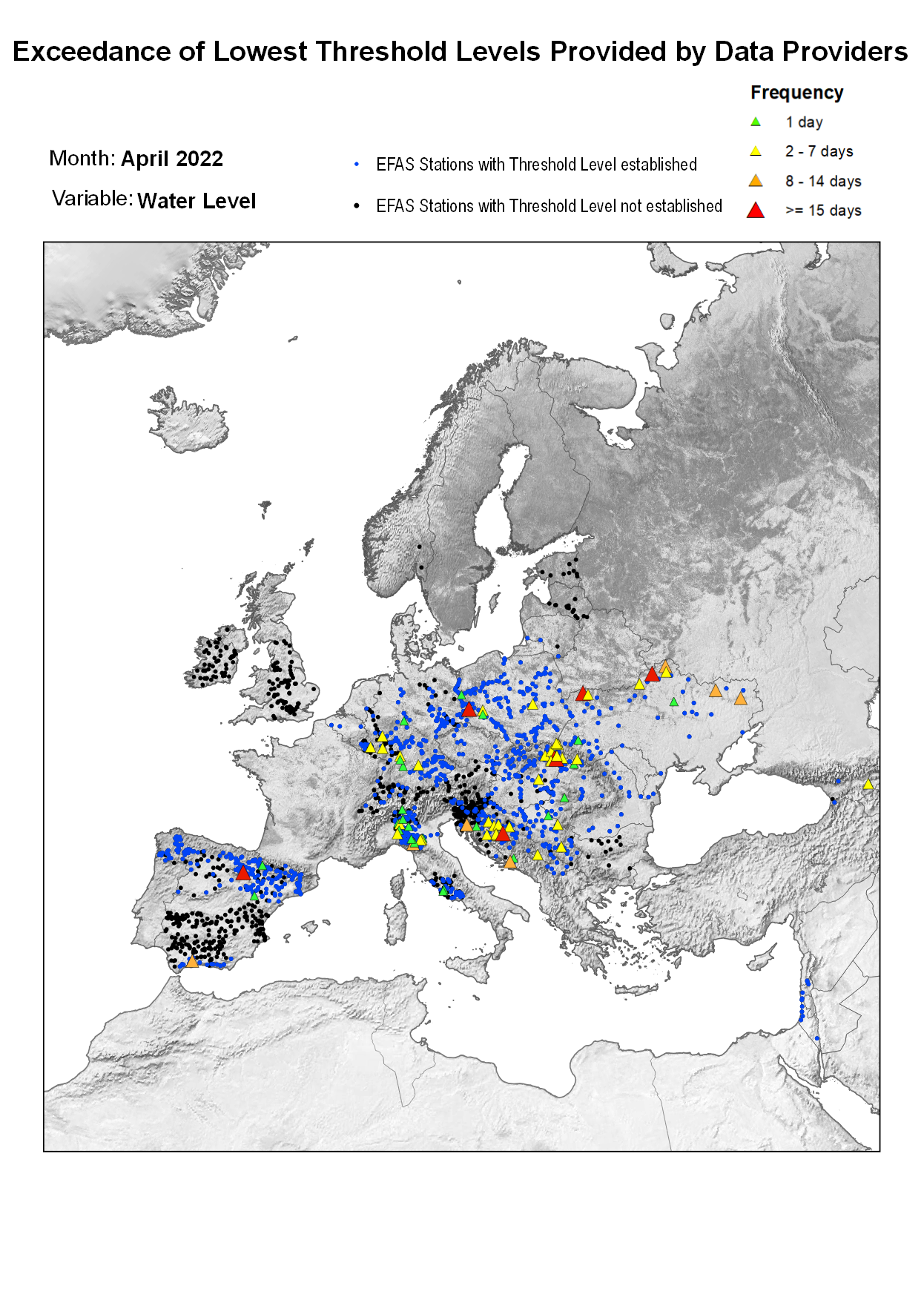 Figure 2. Exceedance of lowest water level threshold level for April 2022.