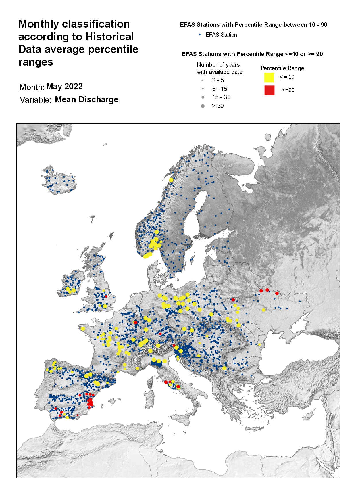 Figure 3. Classification of stations according to discharge historical data average percentile ranges for May 2022.