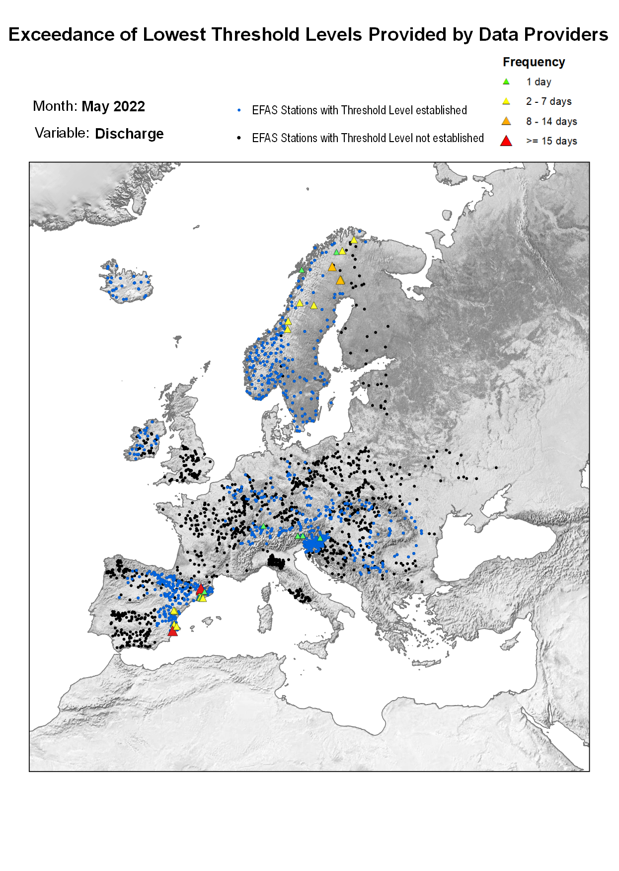 Figure 1. Exceedance of lowest discharge threshold level for May 2022.