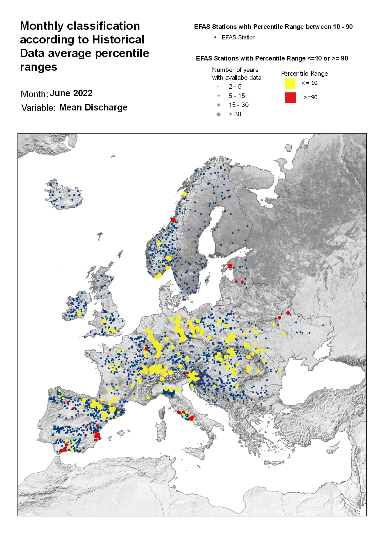 Figure 3. Classification of stations according to discharge historical data average percentile ranges for June 2022