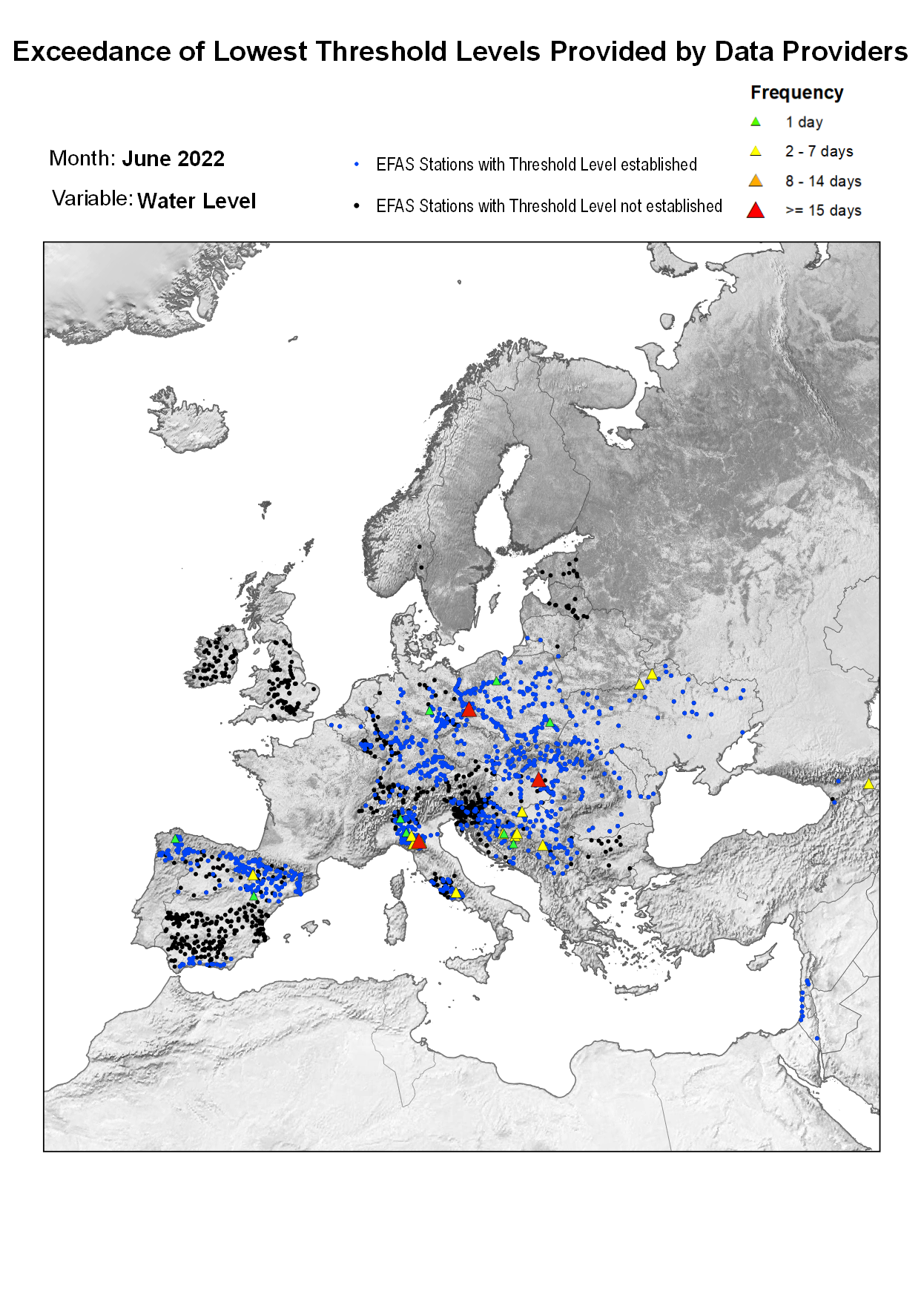 Figure 2. Exceedance of lowest water level threshold level for June 2022