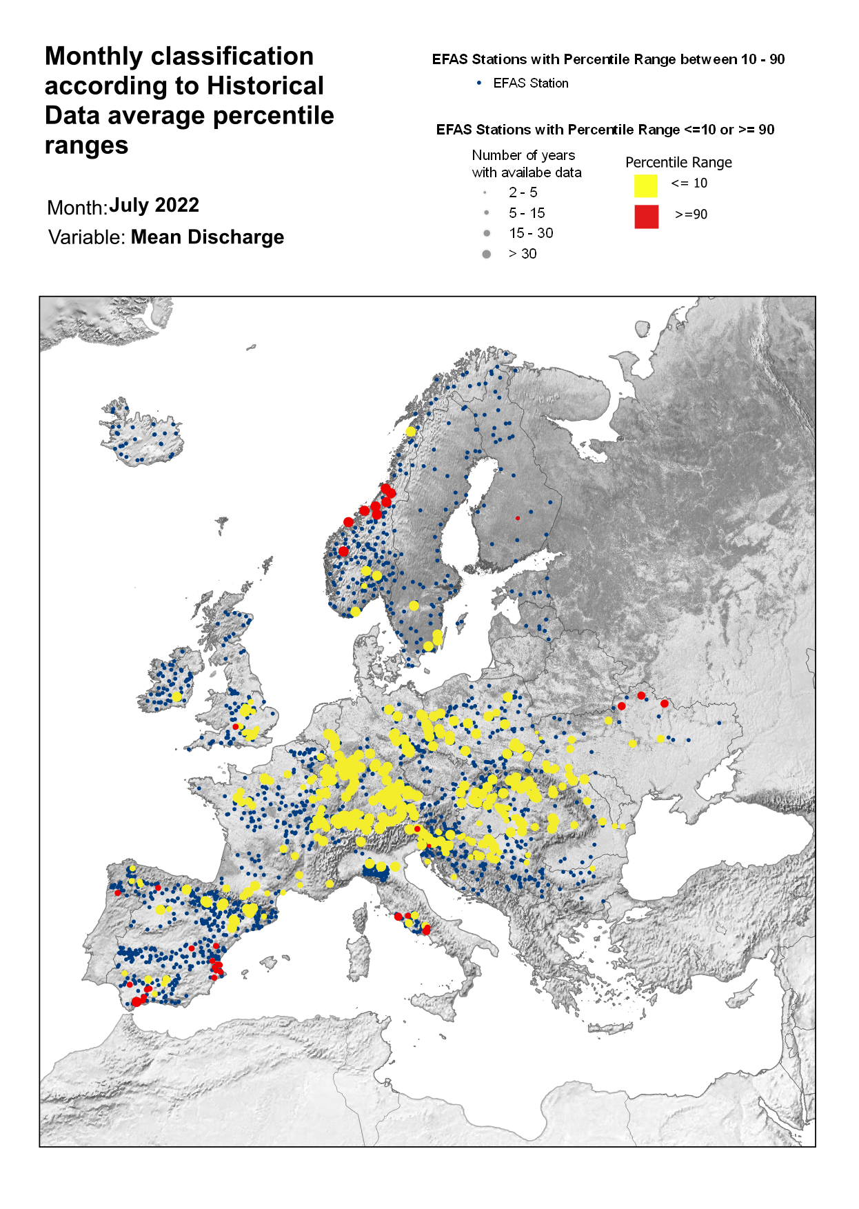 Figure 3. Classification of stations according to discharge historical data average percentile ranges for July 2022