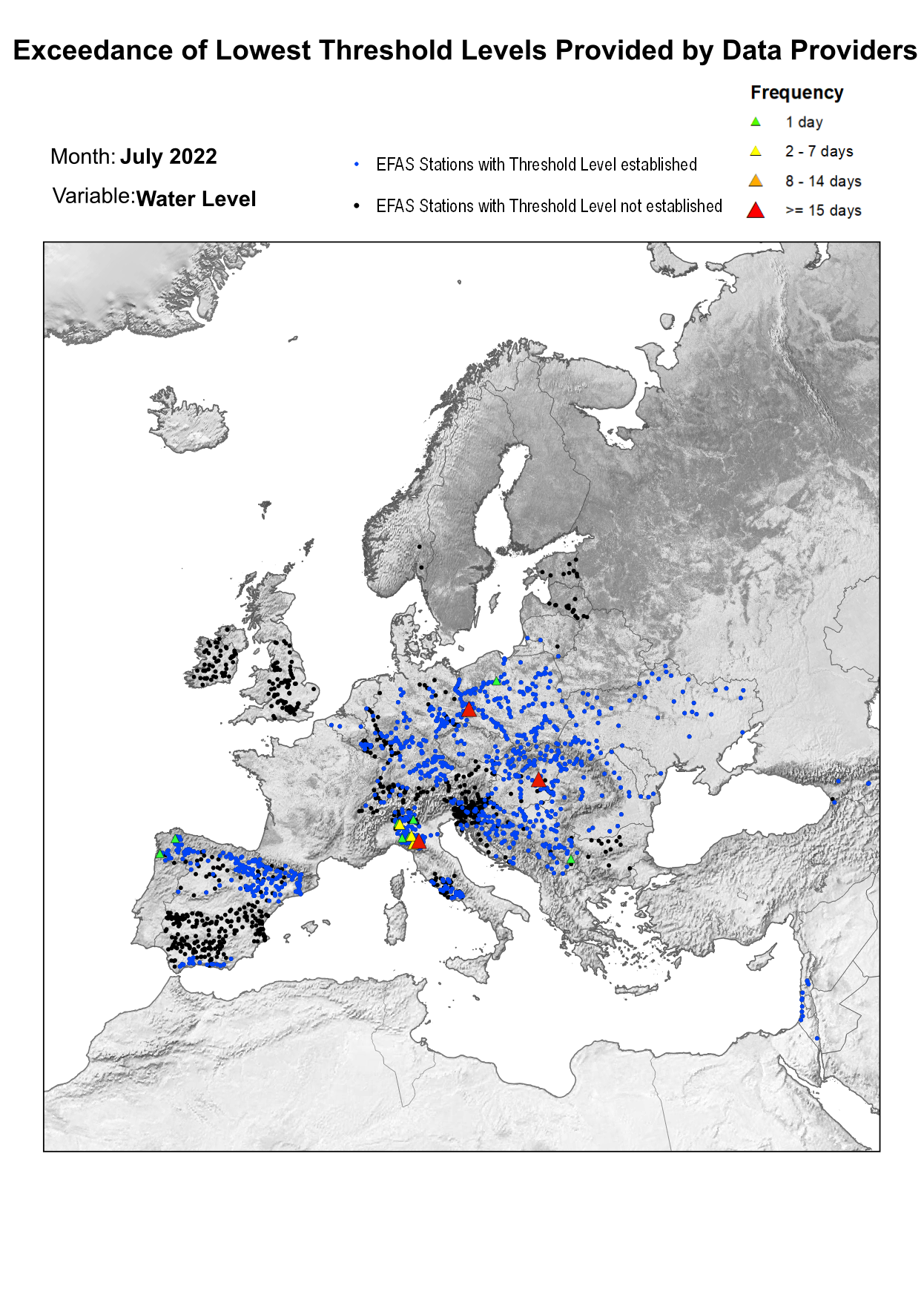 Figure 2. Exceedance of lowest water level threshold level for July 2022