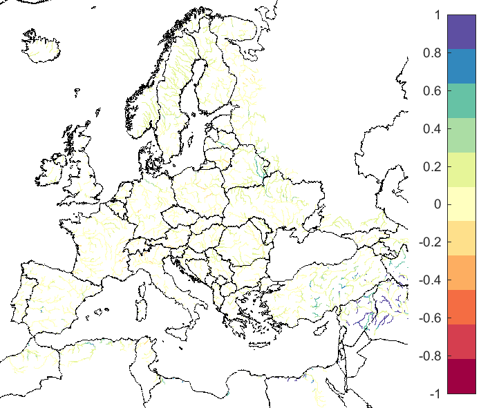 Figure 4. EFAS CRPSS at lead-time 10 days for August 2022, for all catchments. The reference score is persistence.