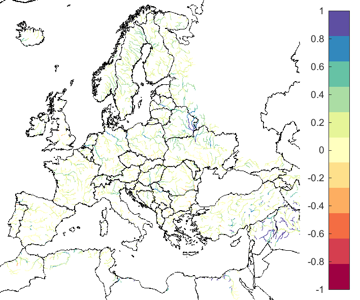 Figure 3. EFAS CRPSS at lead-time 5 days for August 2022, for all catchments. The reference score is persistence.