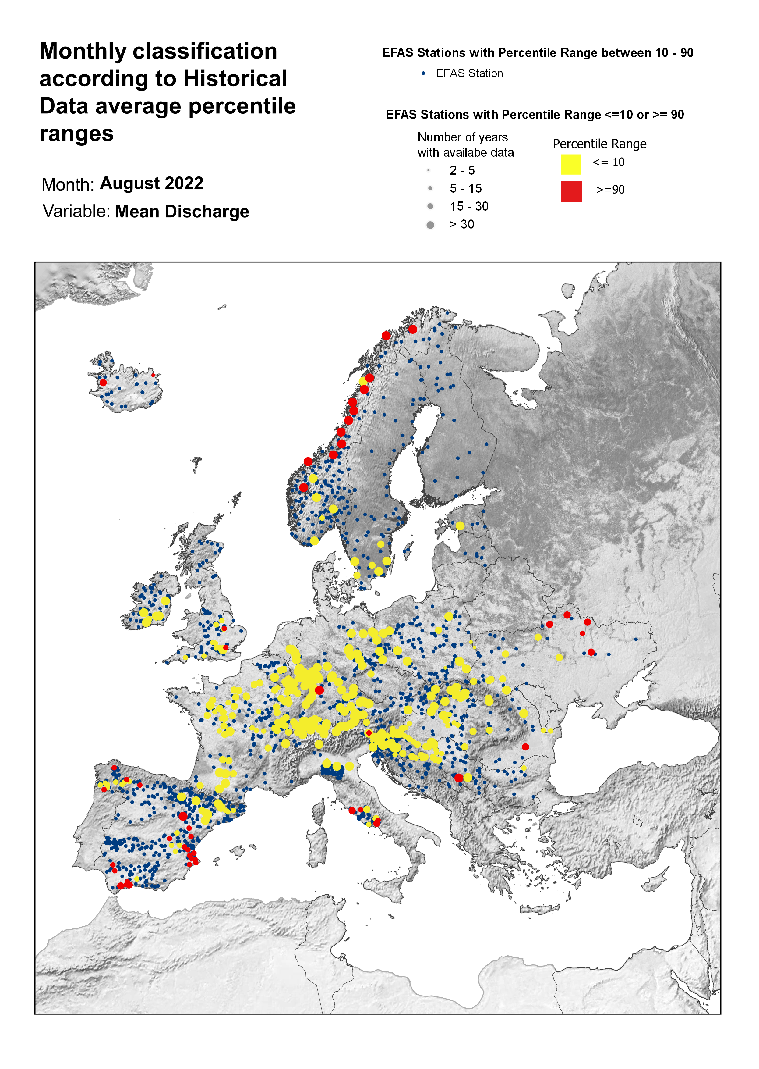 Figure 3. Classification of stations according to discharge historical data average percentile ranges for August 2022.