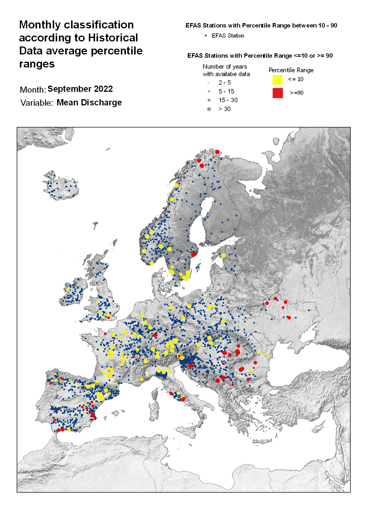 Figure 3. Classification of stations according to discharge historical data average percentile ranges for September 2022.