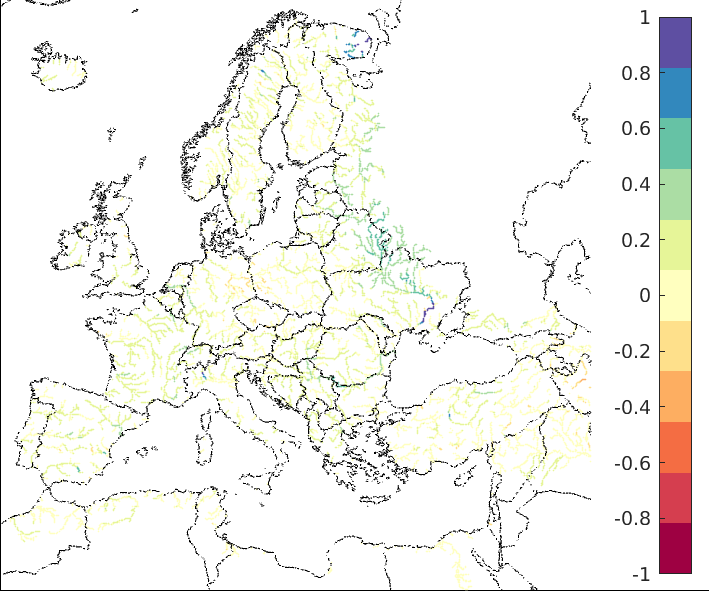 Figure 4. EFAS CRPSS at lead-time 10 days for January 2023, for all catchments. The reference score is persistence.