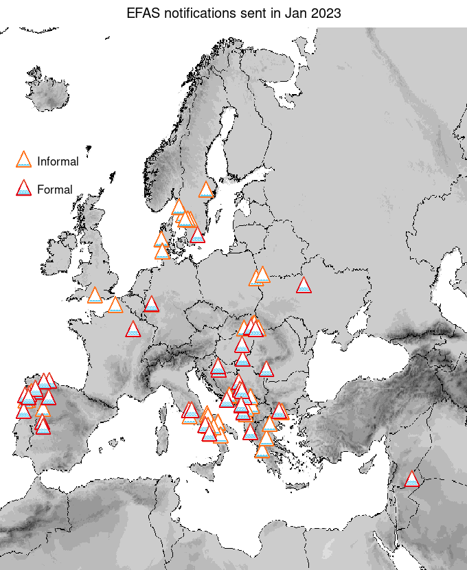 Figure 1. EFAS flood notifications sent for January 2023