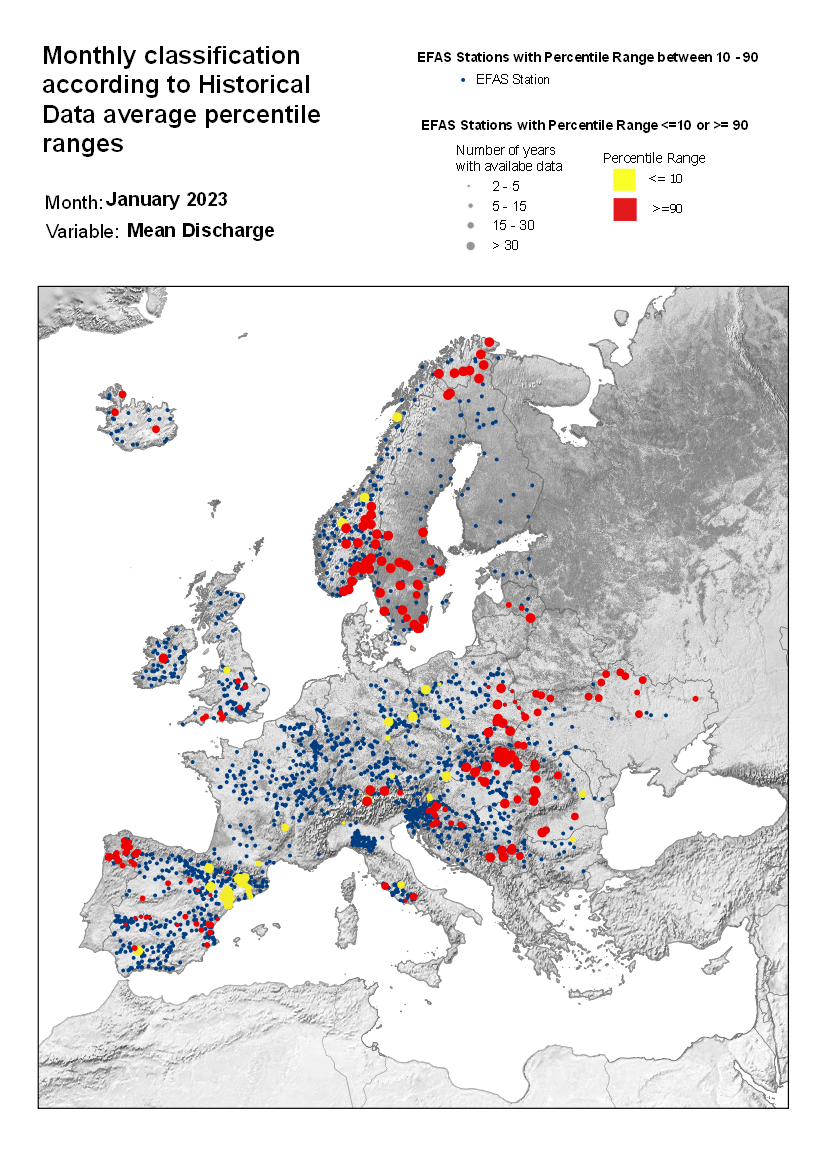 Figure 3. Classification of stations according to discharge historical data average percentile ranges for January 2023