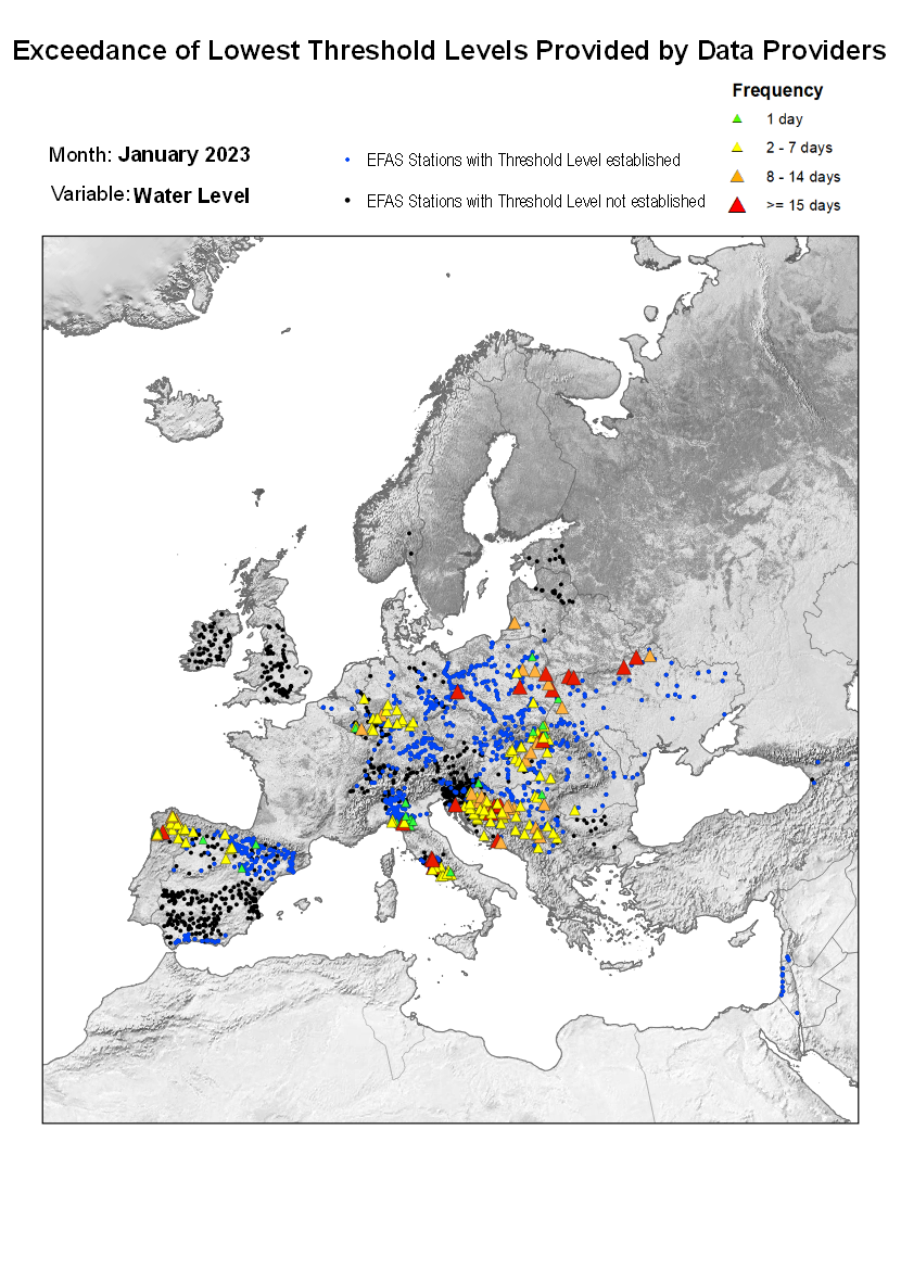 Figure 2. Exceedance of lowest water level threshold level for January 2023