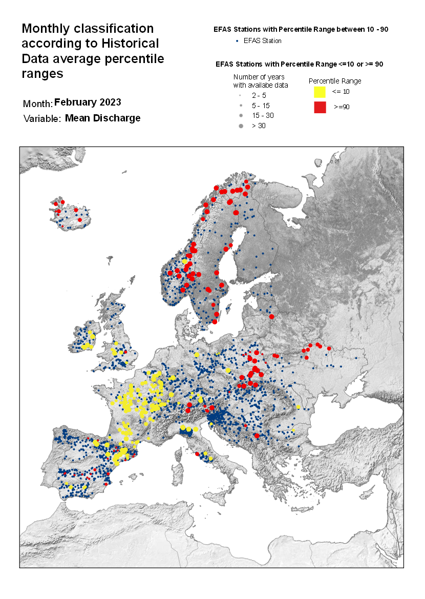 Figure 3. Classification of stations according to discharge historical data average percentile ranges for February 2023