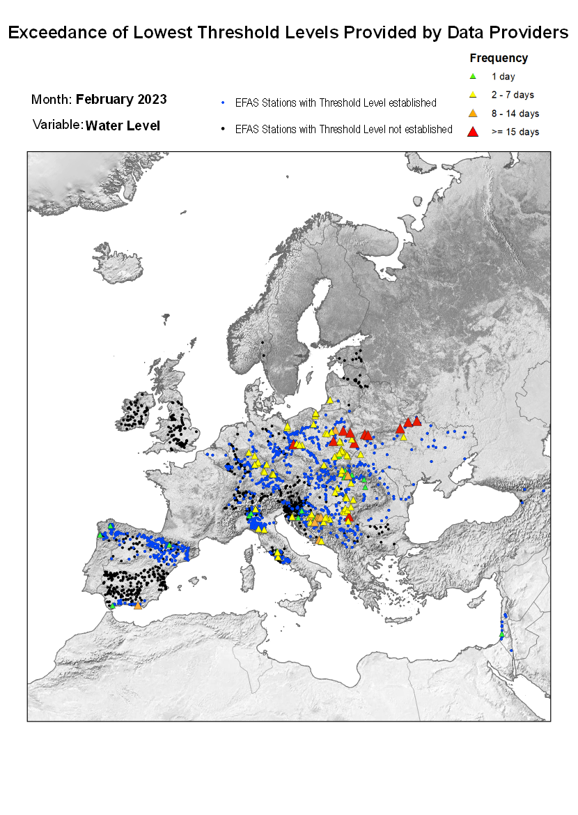 Figure 2. Exceedance of lowest water level threshold level for February 2023