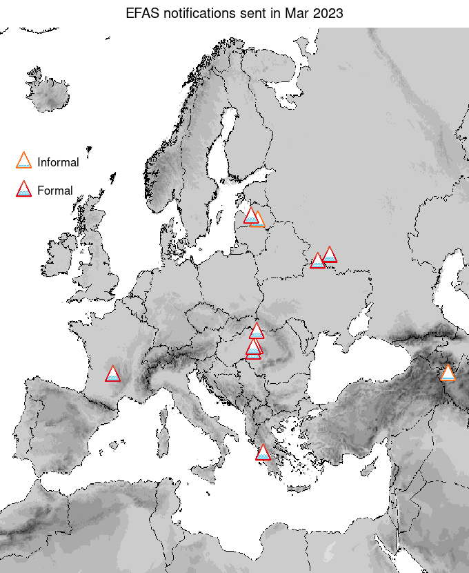 Figure 1. EFAS flood notifications sent for March 2023