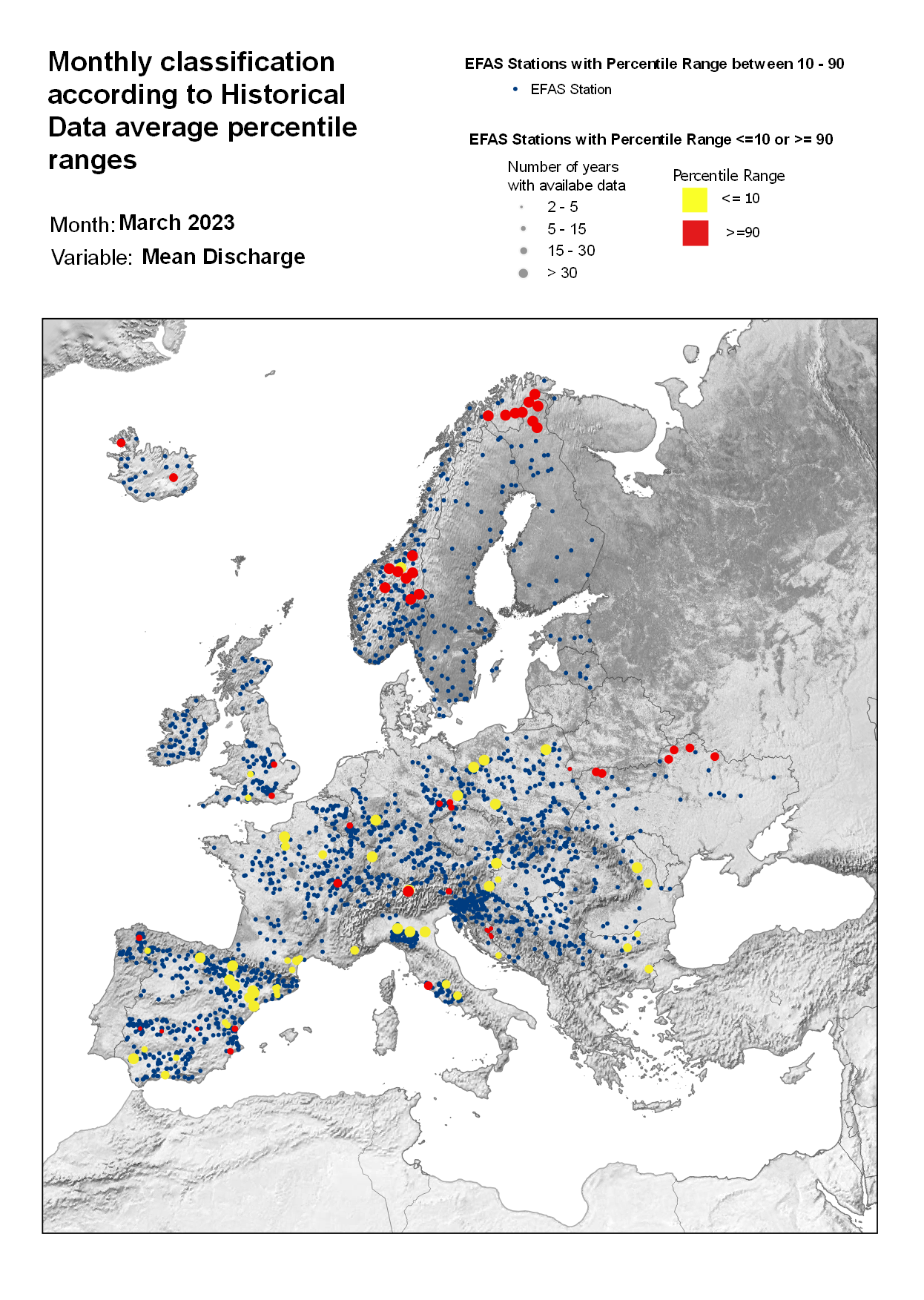 Figure 3. Classification of stations according to discharge historical data average percentile ranges for March 2023