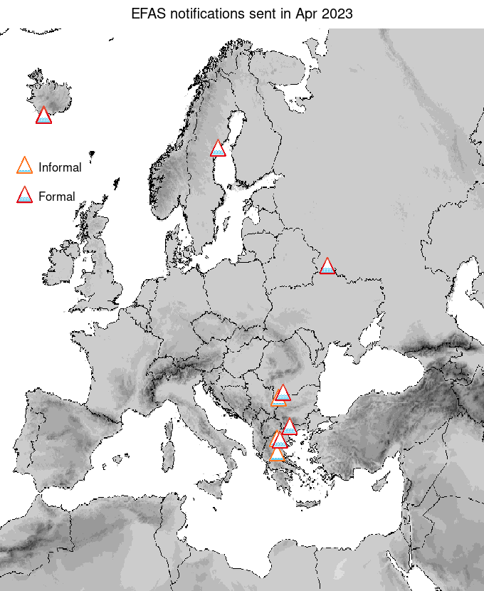 Figure 1. EFAS flood notifications sent for April 2023