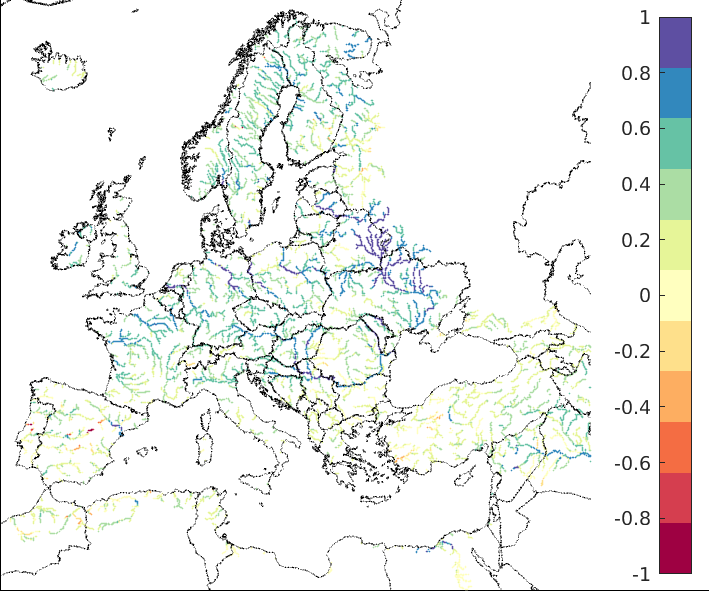 Figure 2. EFAS CRPSS at lead-time 3 days for May 2023, for all catchments.