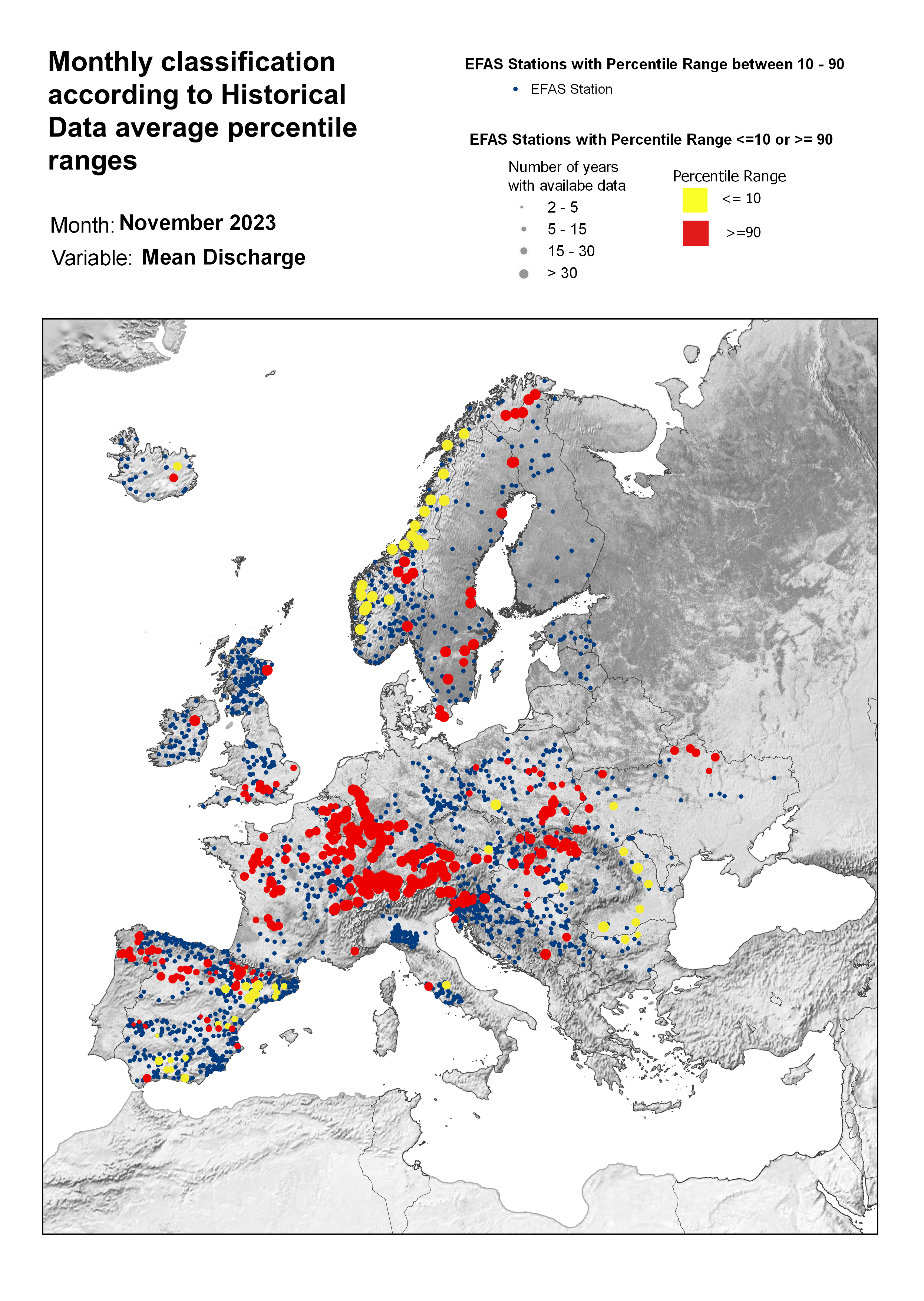 Classification of stations according to discharge historical data average percentile ranges for November 2023