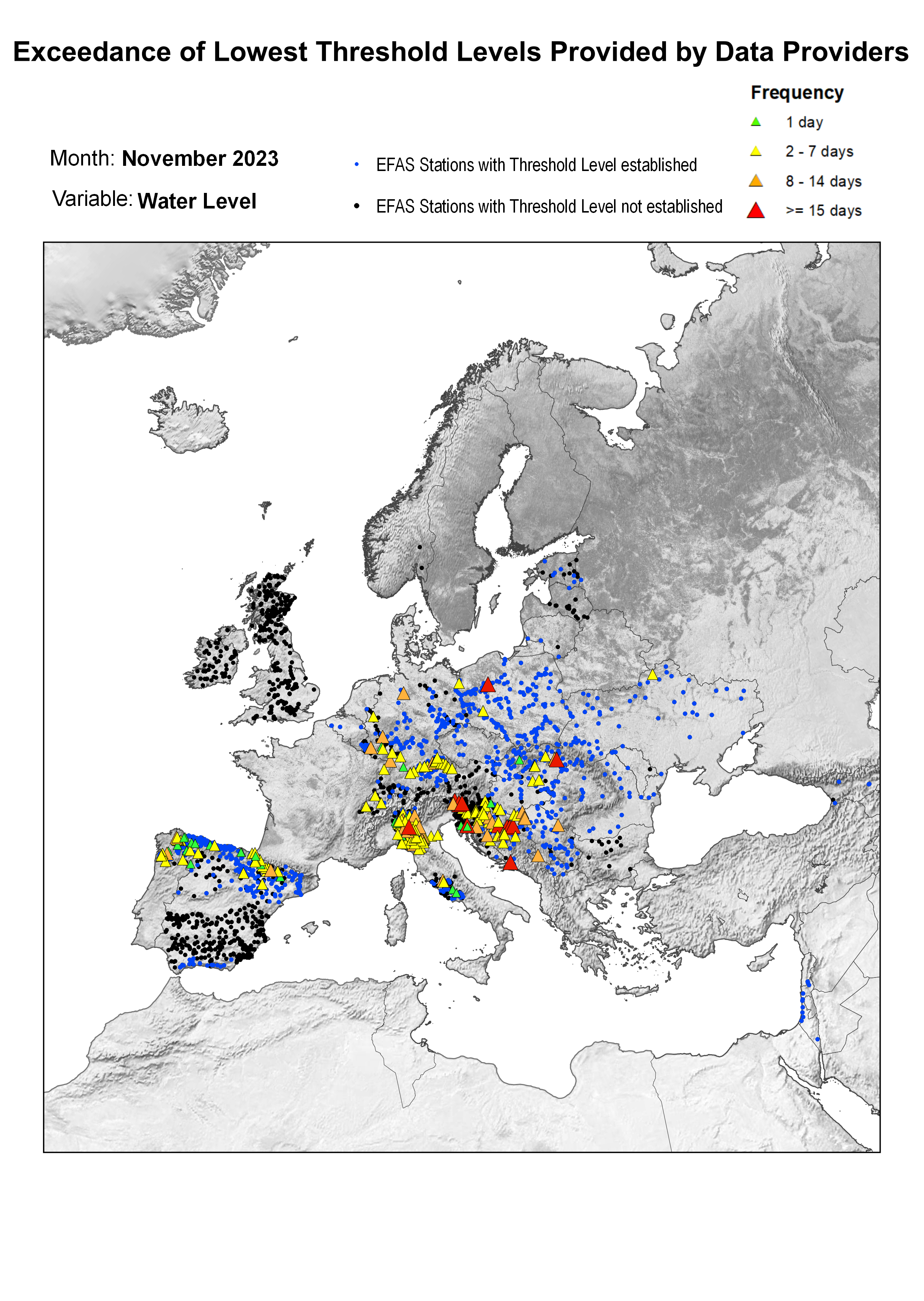 Figure 2. Exceedance of lowest water level threshold level for November 2023