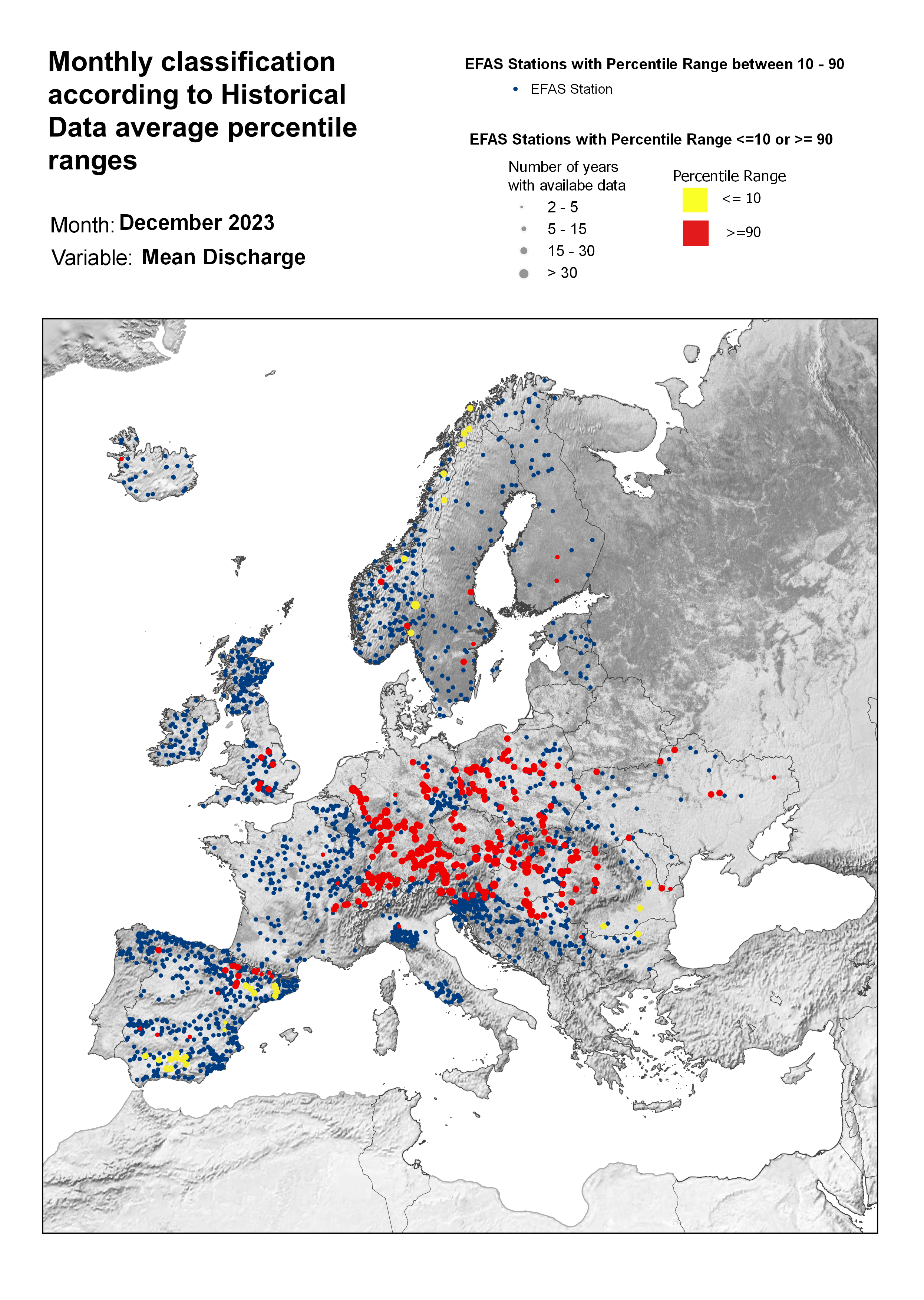 Figure 3. Classification of stations according to discharge historical data average percentile ranges for December 2023