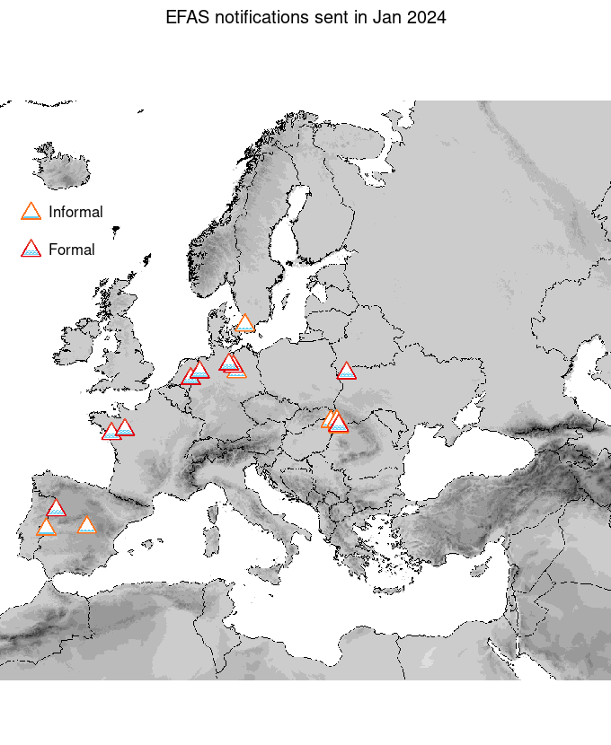 Figure 1. EFAS flood notifications sent for January 2024