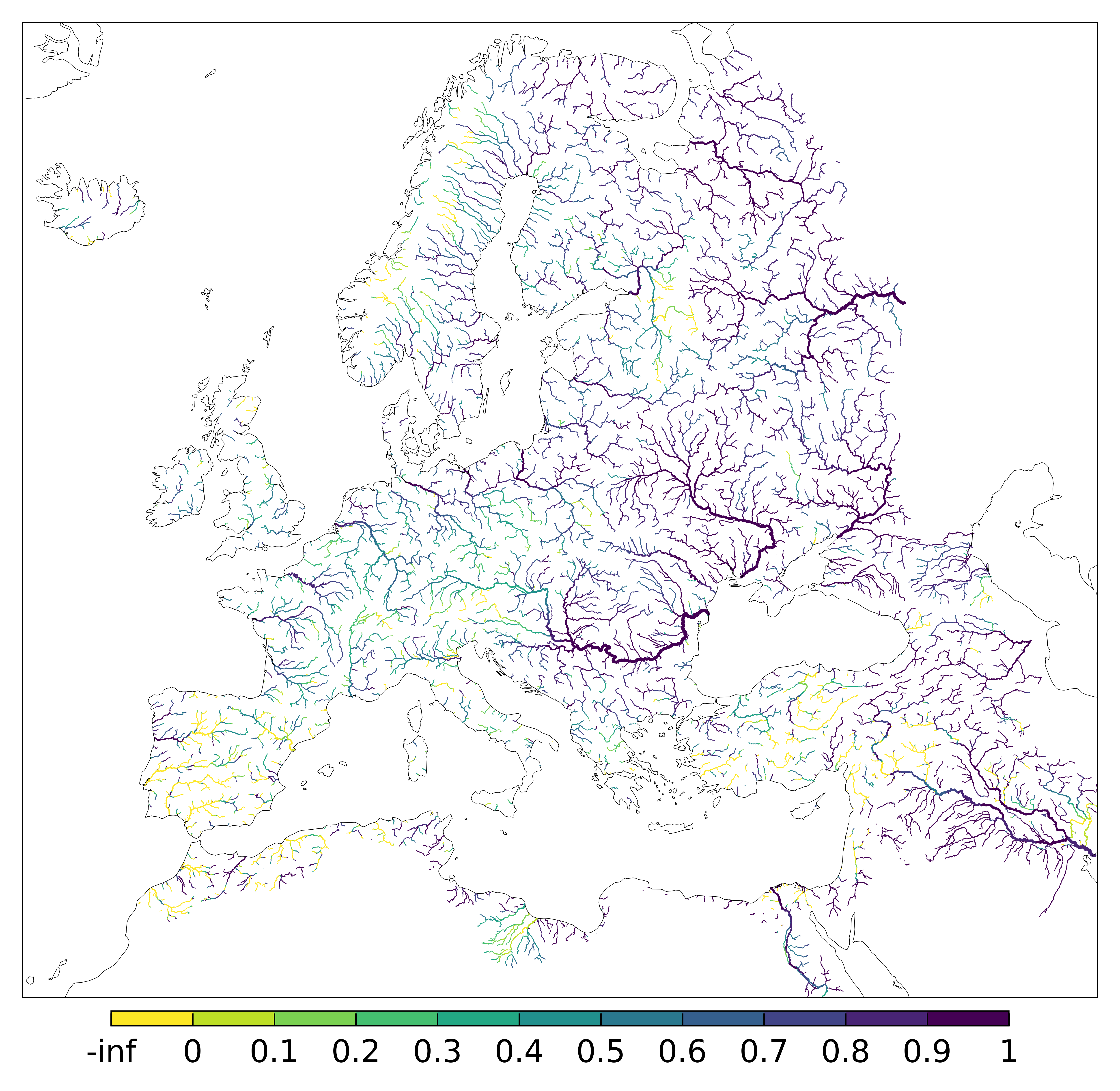 Figure 2. EFAS CRPSS at lead-time 3 day for August 2024 across the EFAS domain for catchments larger than 1000km2. Climatology is used as the reference forecast.
