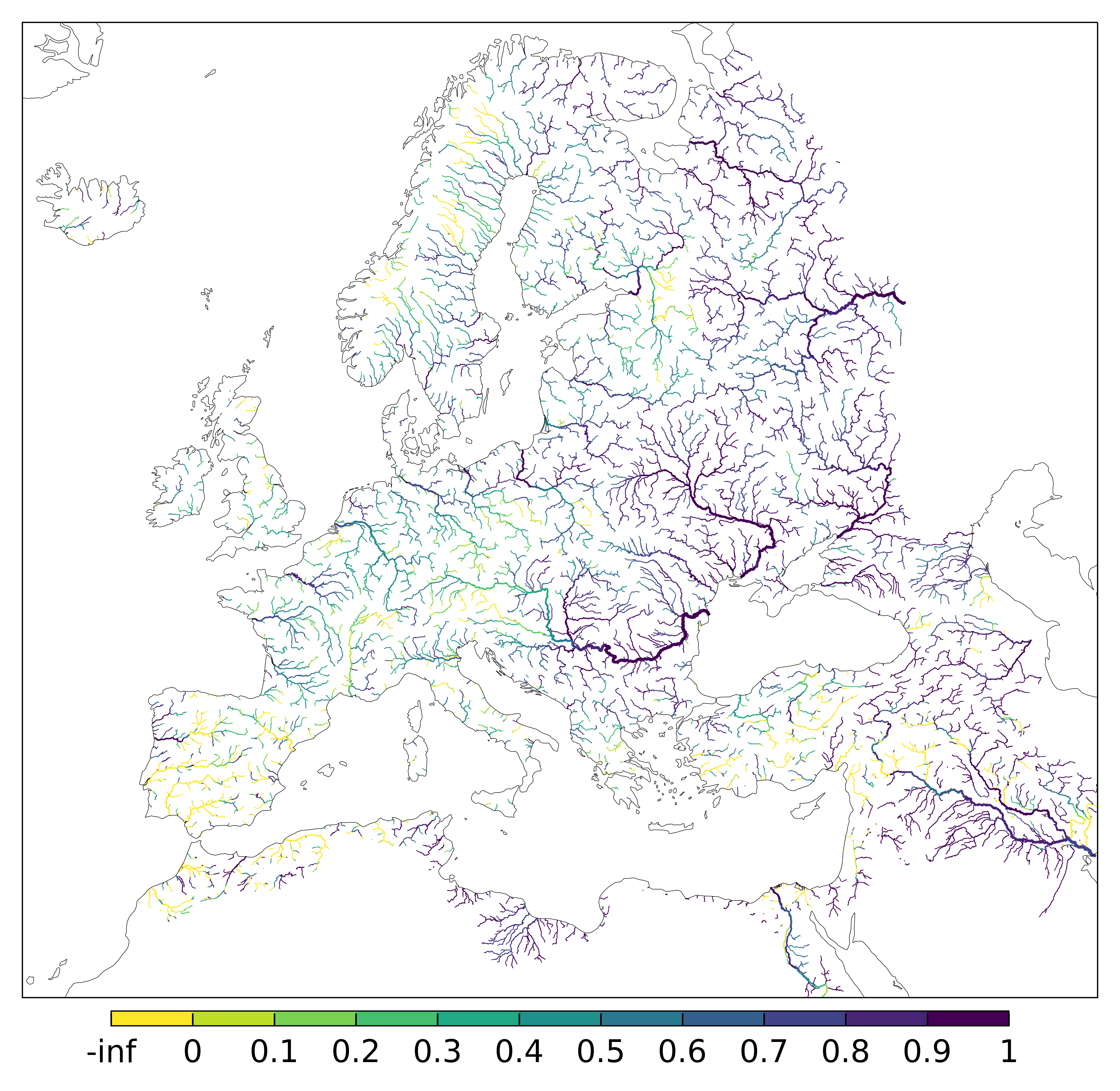 Figure 3. EFAS CRPSS at lead-time 5 day for August 2024 across the EFAS domain for catchments larger than 1000km2. Climatology is used as the reference forecast.