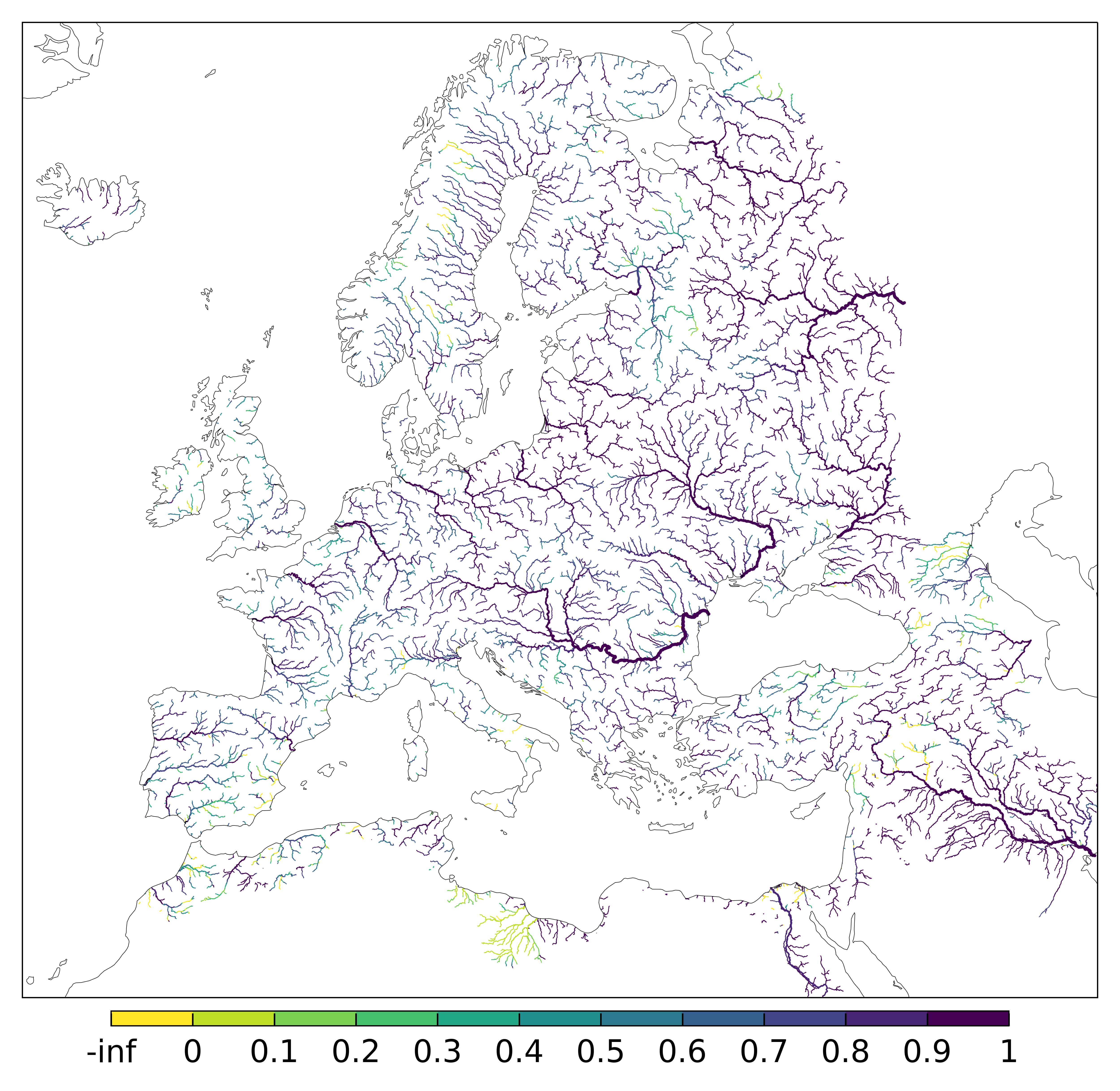 Figure 2. EFAS CRPSS at lead-time 3 day for October 2024 across the EFAS domain for catchments larger than 1000km2. Climatology is used as the reference forecast.
