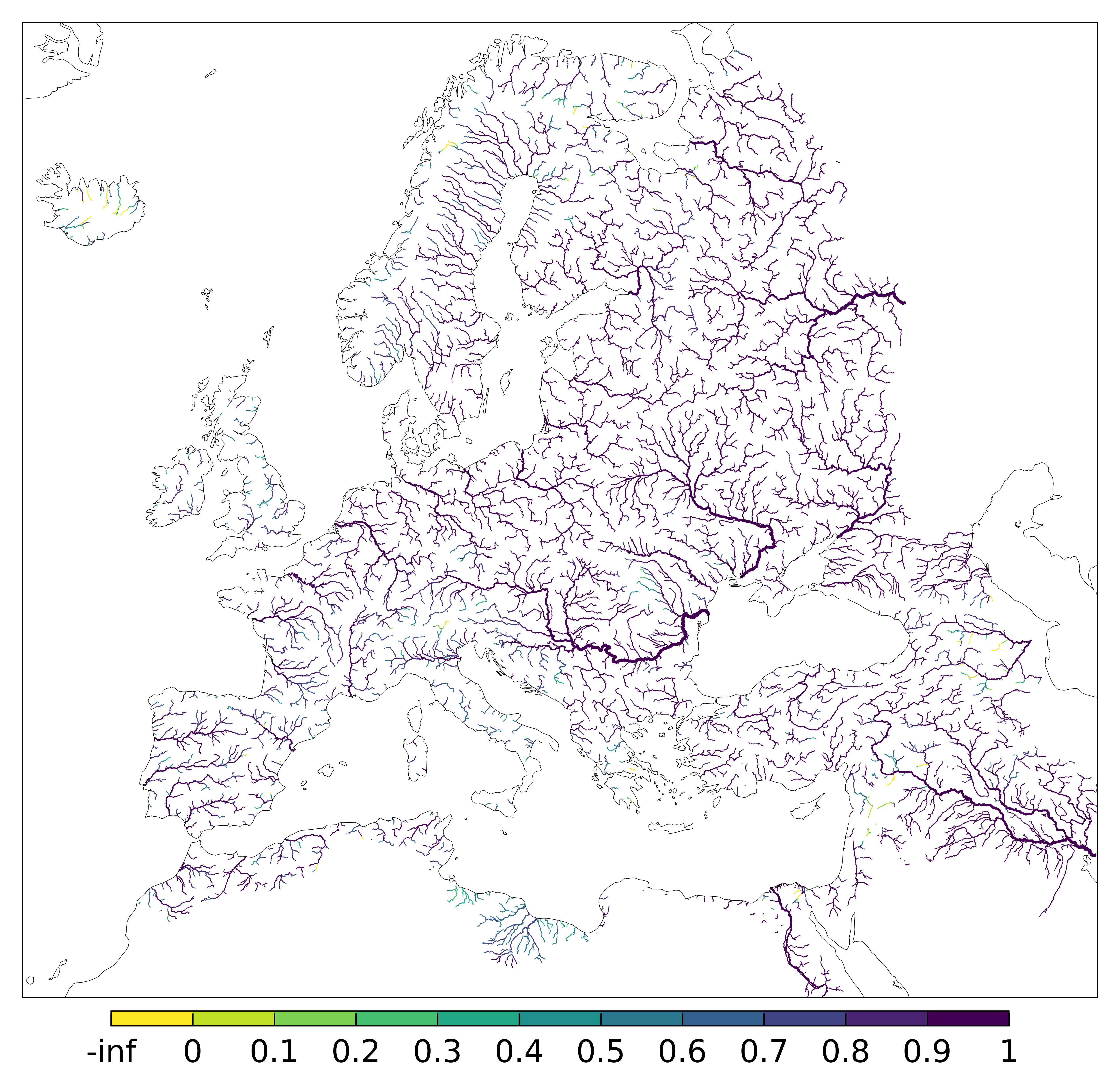 Figure 1. EFAS CRPSS at lead-time 1 day for February 2025 across the EFAS domain for catchments larger than 1000km2. Climatology is used as the reference forecast.
