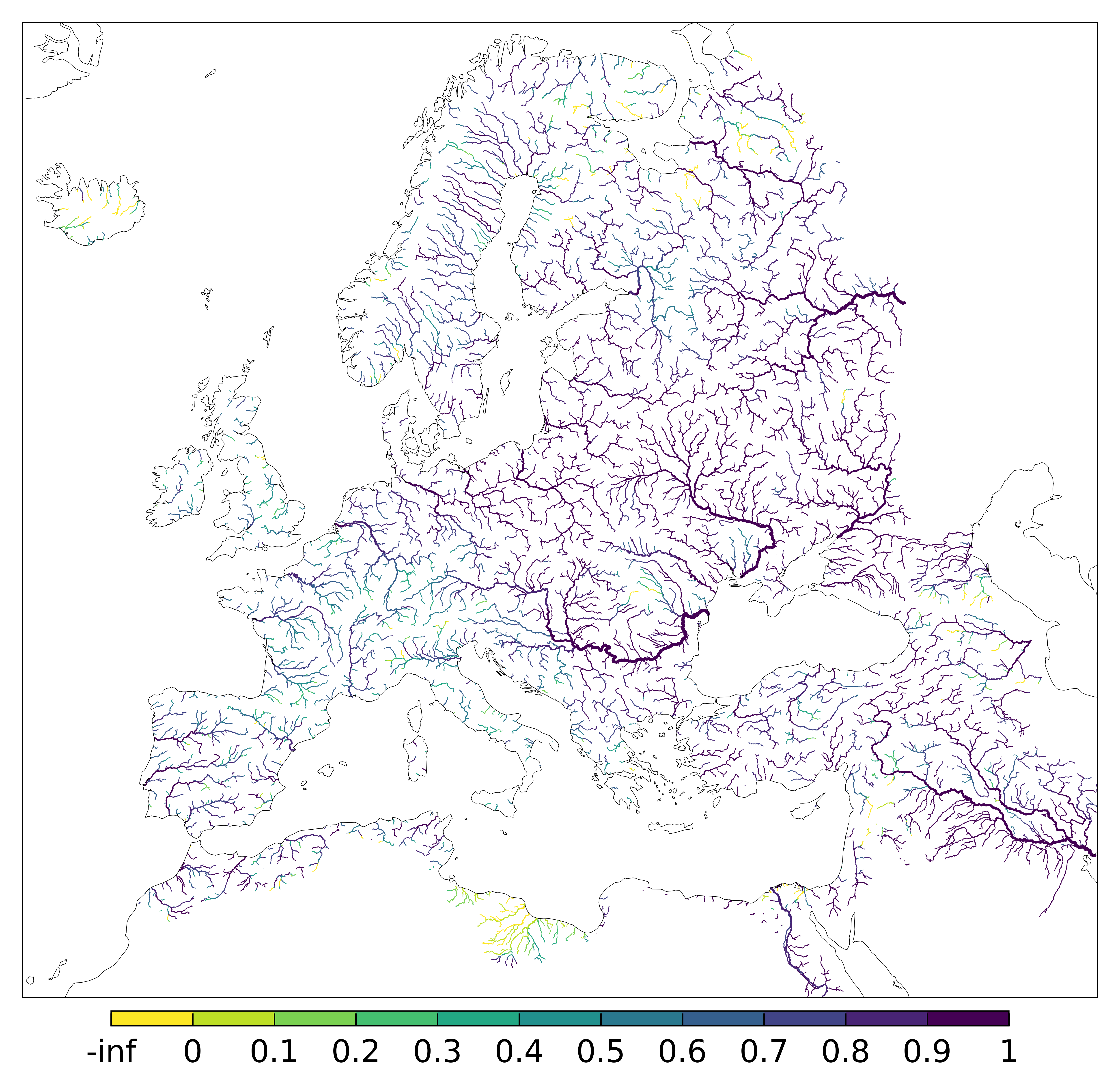 Figure 3. EFAS CRPSS at lead-time 5 day for February 2025 across the EFAS domain for catchments larger than 1000km2. Climatology is used as the reference forecast.