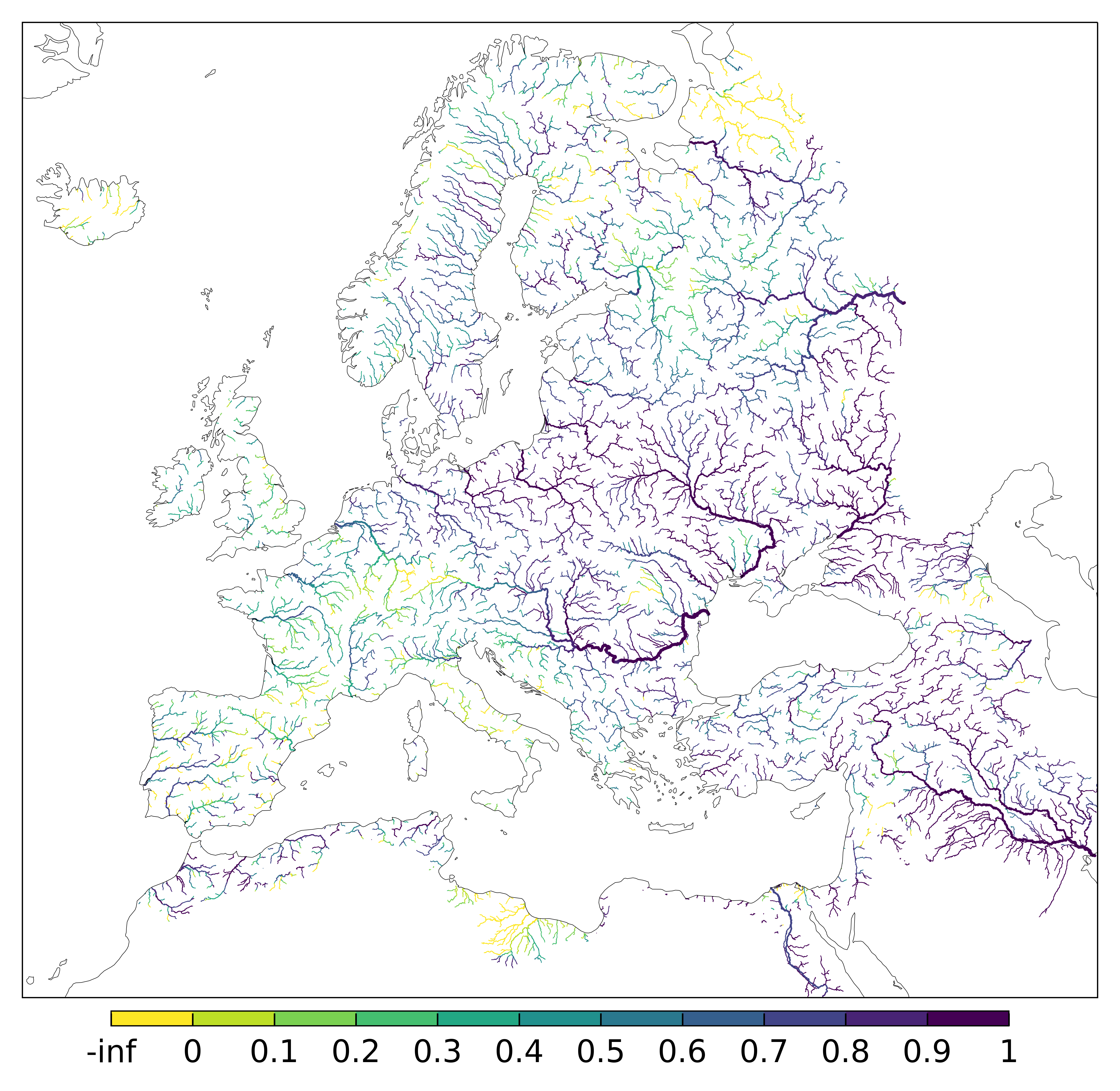 Figure 4. EFAS CRPSS at lead-time 10 day for February 2025 across the EFAS domain for catchments larger than 1000km2. Climatology is used as the reference forecast.