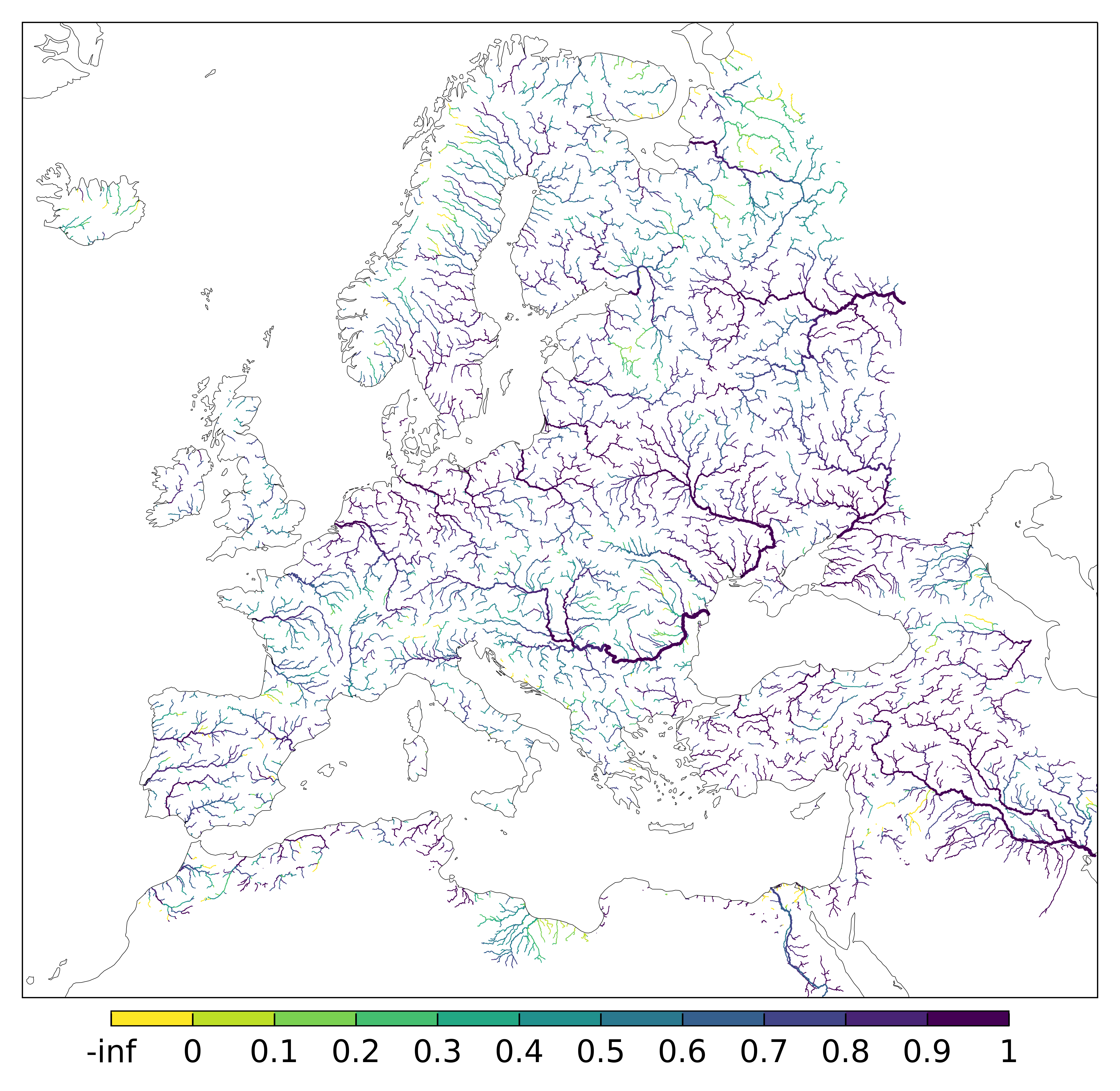 Figure 3. EFAS CRPSS at lead-time 5 day for March 2025 across the EFAS domain for catchments larger than 1000km2. Climatology is used as the reference forecast.