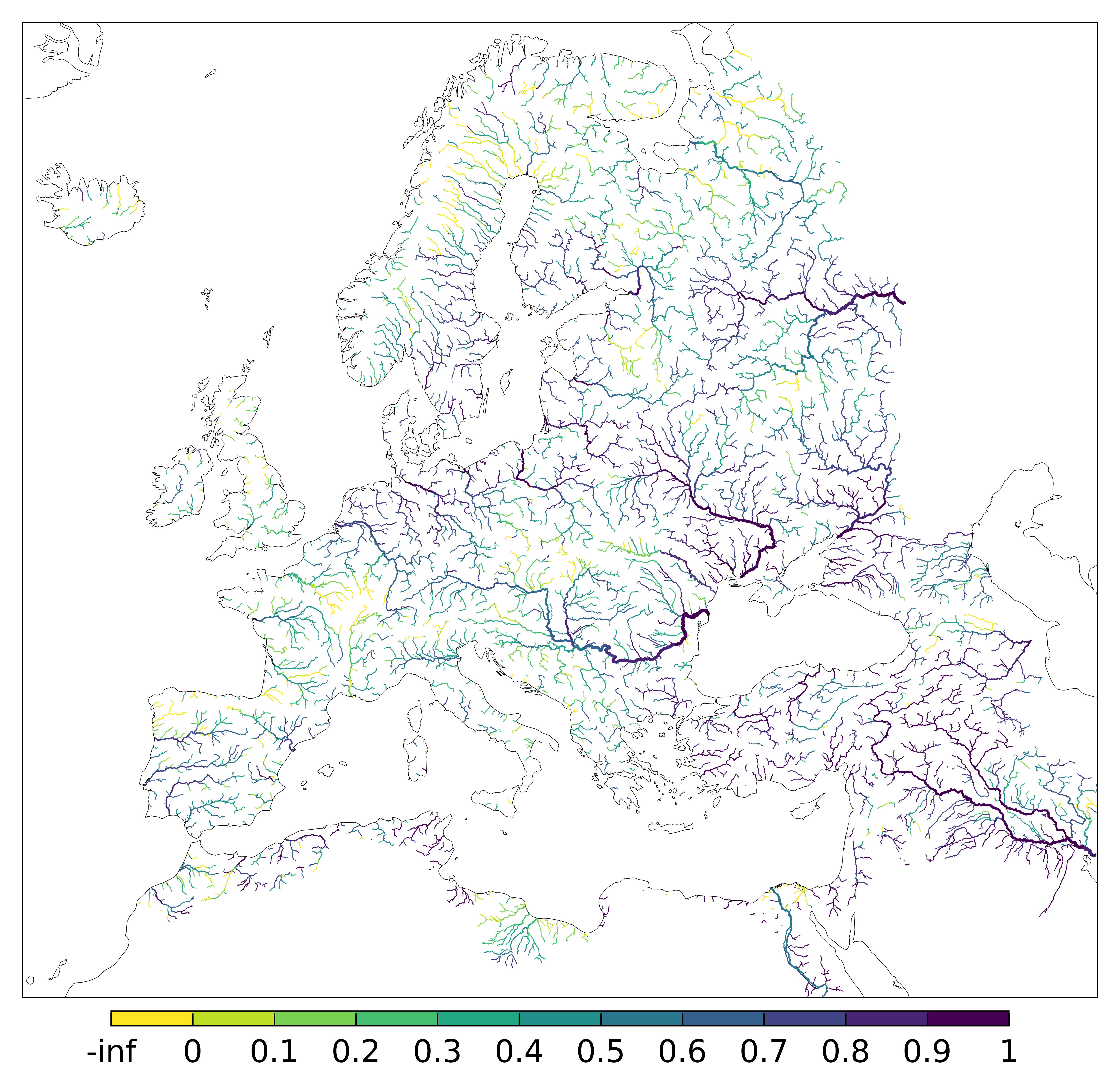 Figure 4. EFAS CRPSS at lead-time 10 day for March 2025 across the EFAS domain for catchments larger than 1000km2. Climatology is used as the reference forecast.