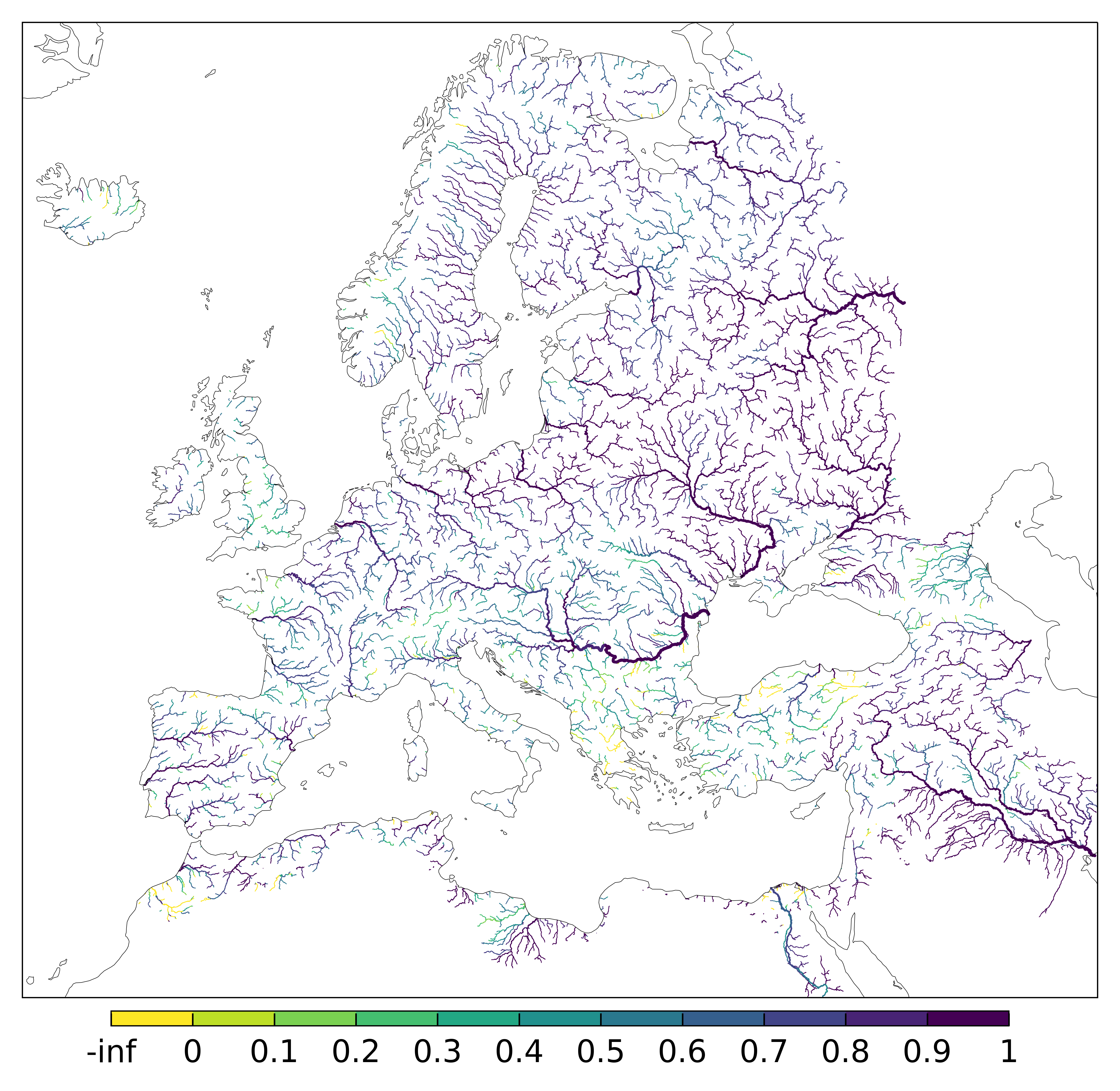 Figure 3. EFAS CRPSS at lead-time 5 day for April 2025 across the EFAS domain for catchments larger than 1000km2. Climatology is used as the reference forecast.