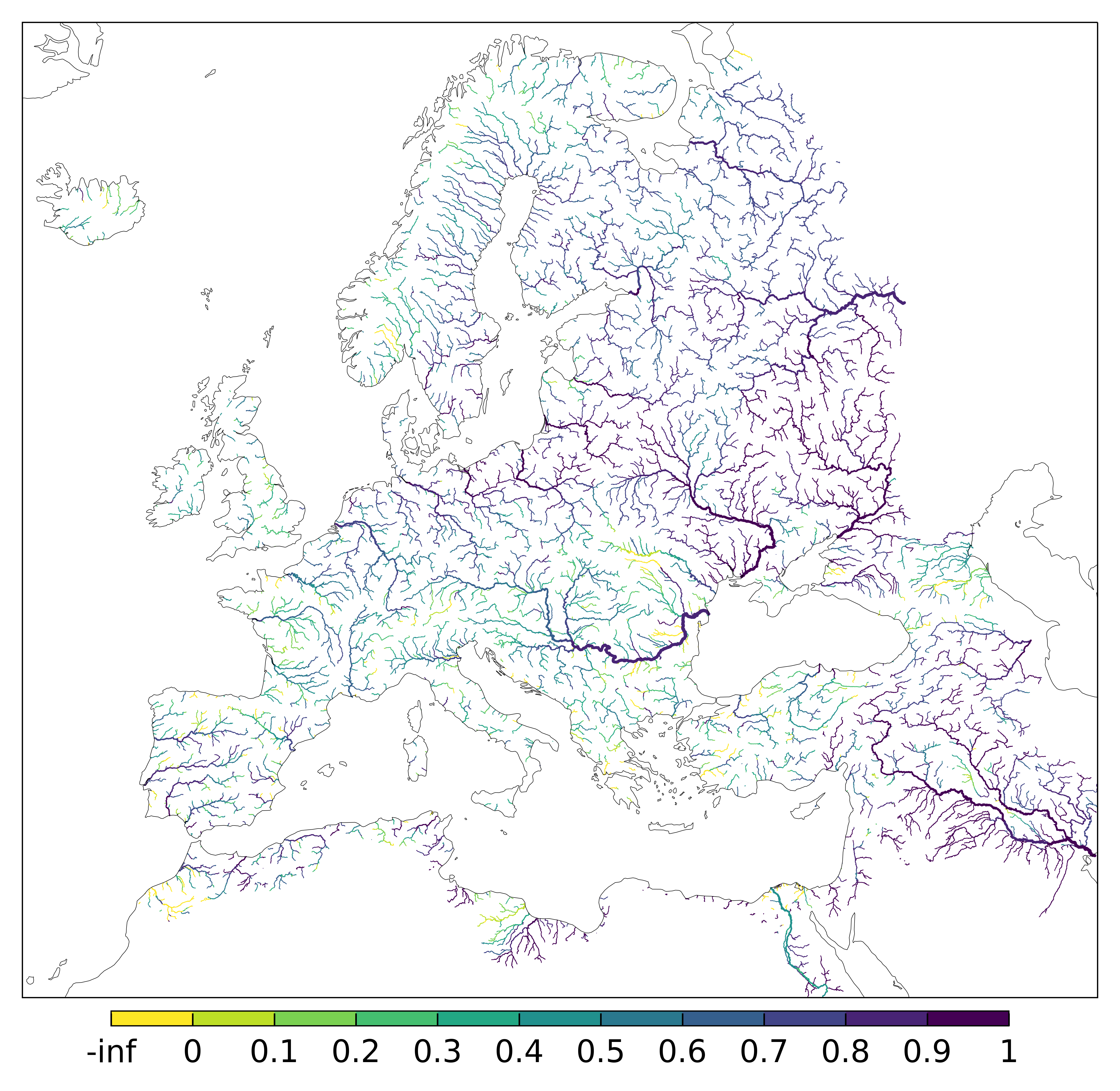 Figure 4. EFAS CRPSS at lead-time 10 day for April 2025 across the EFAS domain for catchments larger than 1000km2. Climatology is used as the reference forecast.