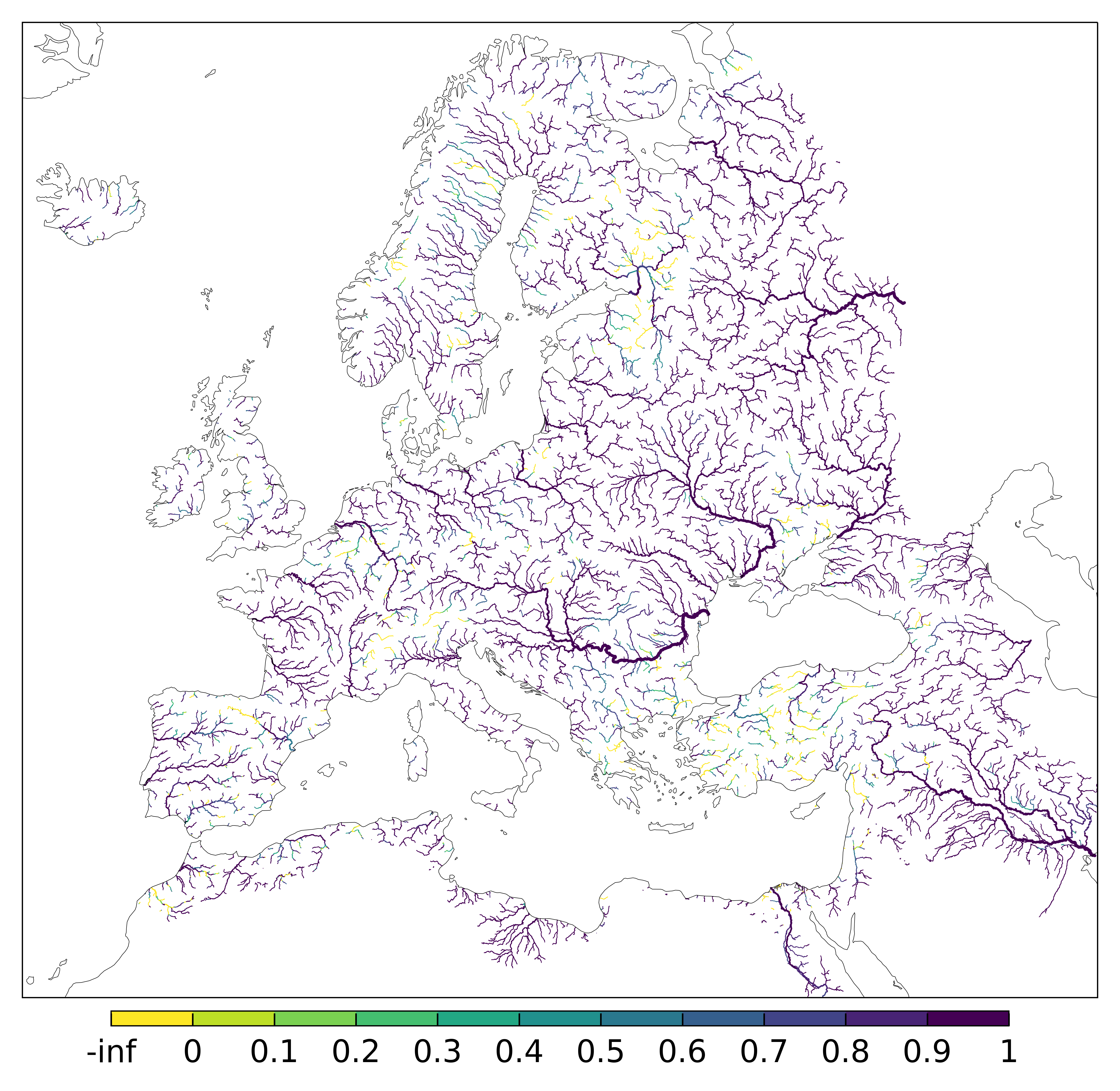 Figure 1. EFAS CRPSS at lead-time 1 day for June 2025 across the EFAS domain for catchments larger than 1000km2. Climatology is used as the reference forecast.
