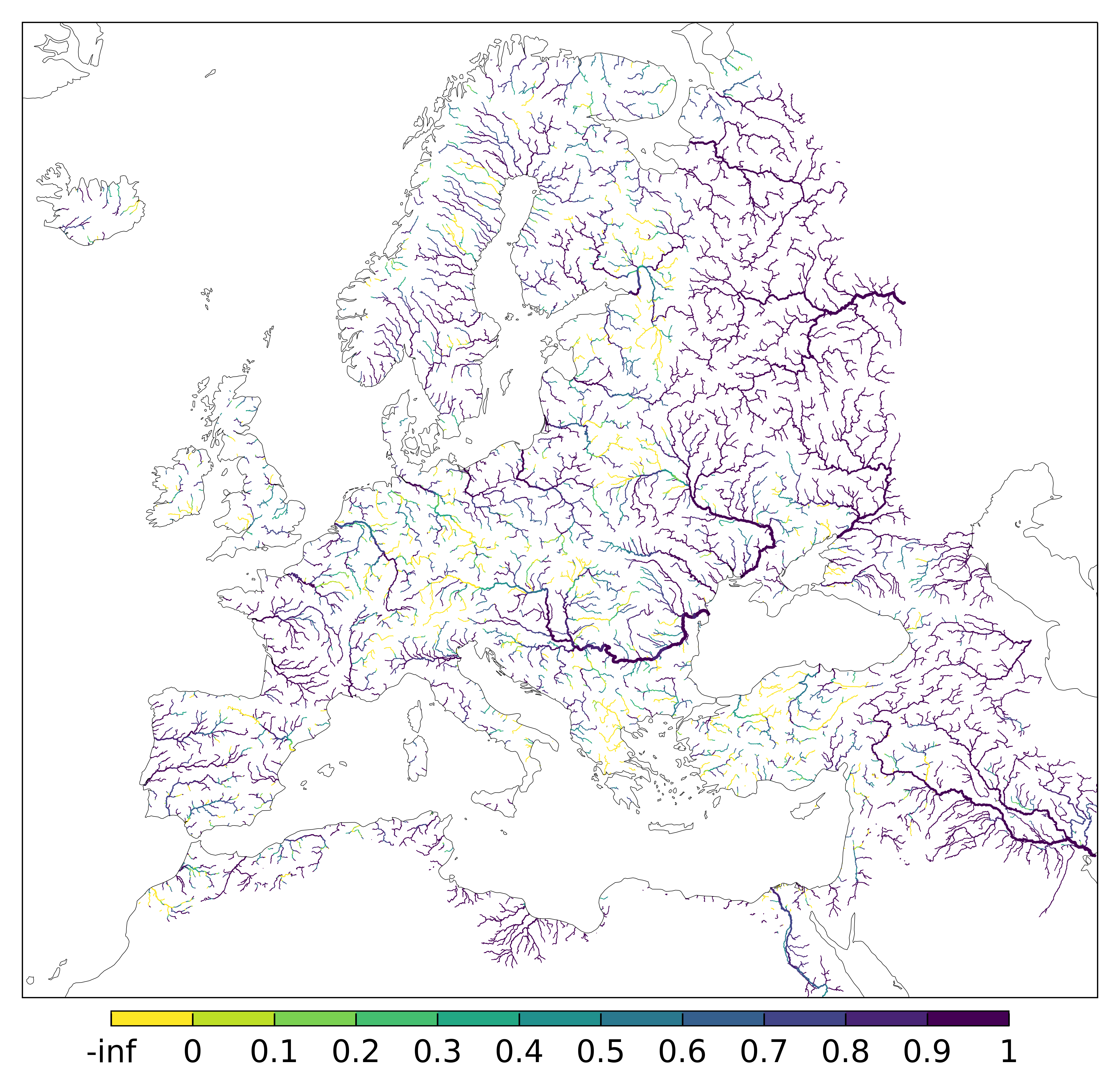 Figure 2. EFAS CRPSS at lead-time 3 day fo June 2025 across the EFAS domain for catchments larger than 1000km2. Climatology is used as the reference forecast.