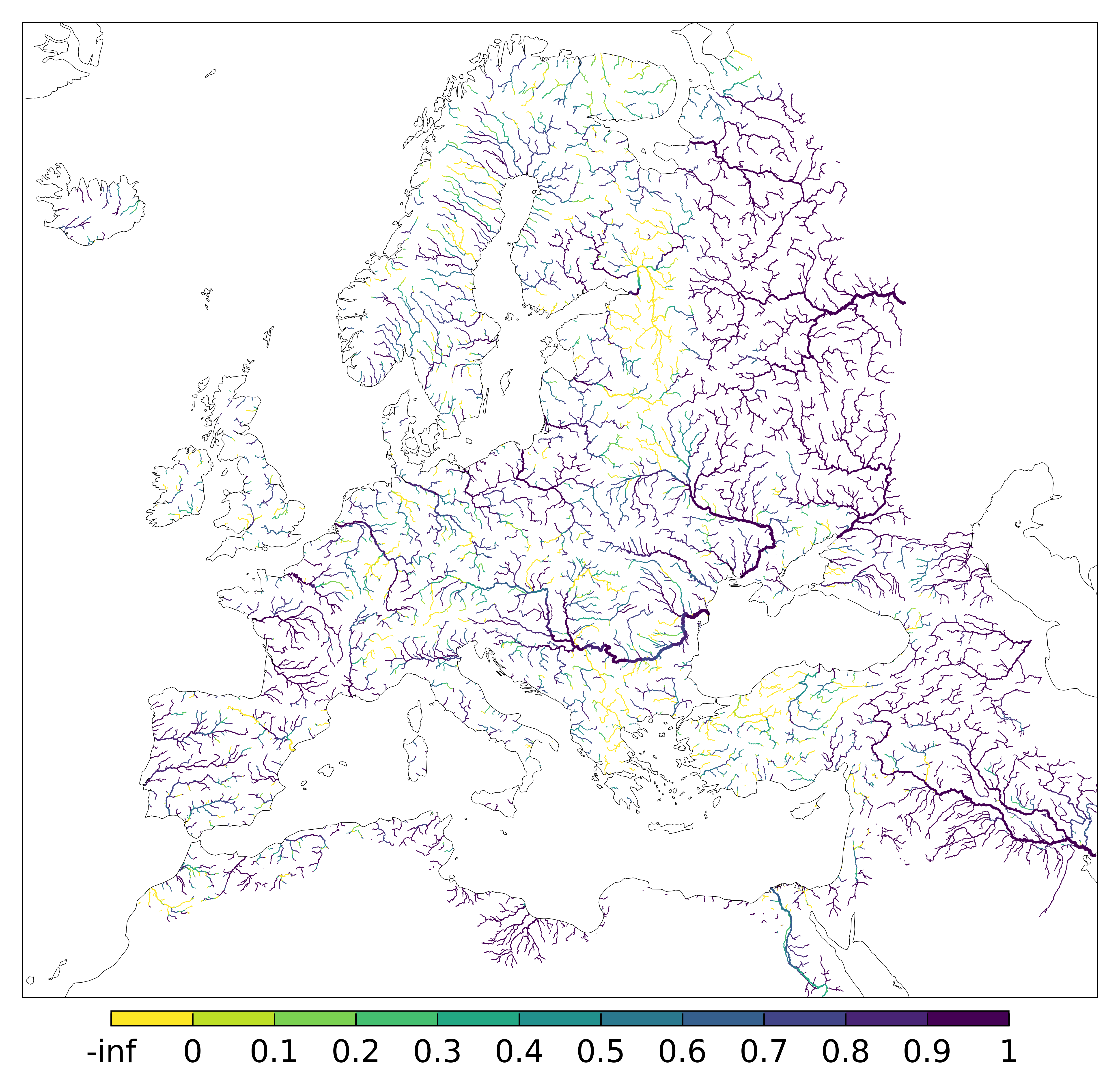 Figure 3. EFAS CRPSS at lead-time 5 day for June 2025 across the EFAS domain for catchments larger than 1000km2. Climatology is used as the reference forecast.