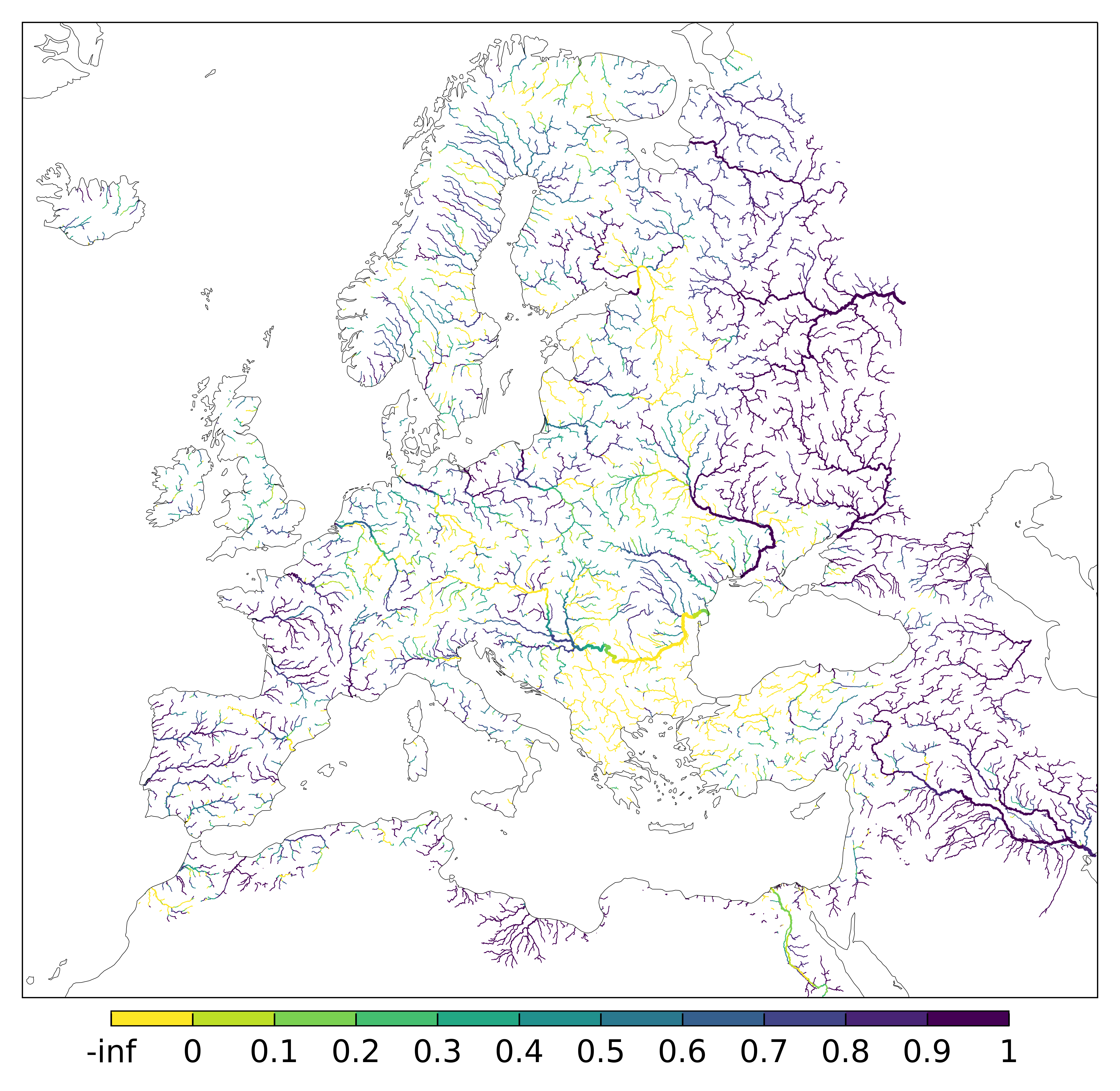 Figure 4. EFAS CRPSS at lead-time 10 day for June 2025 across the EFAS domain for catchments larger than 1000km2. Climatology is used as the reference forecast.