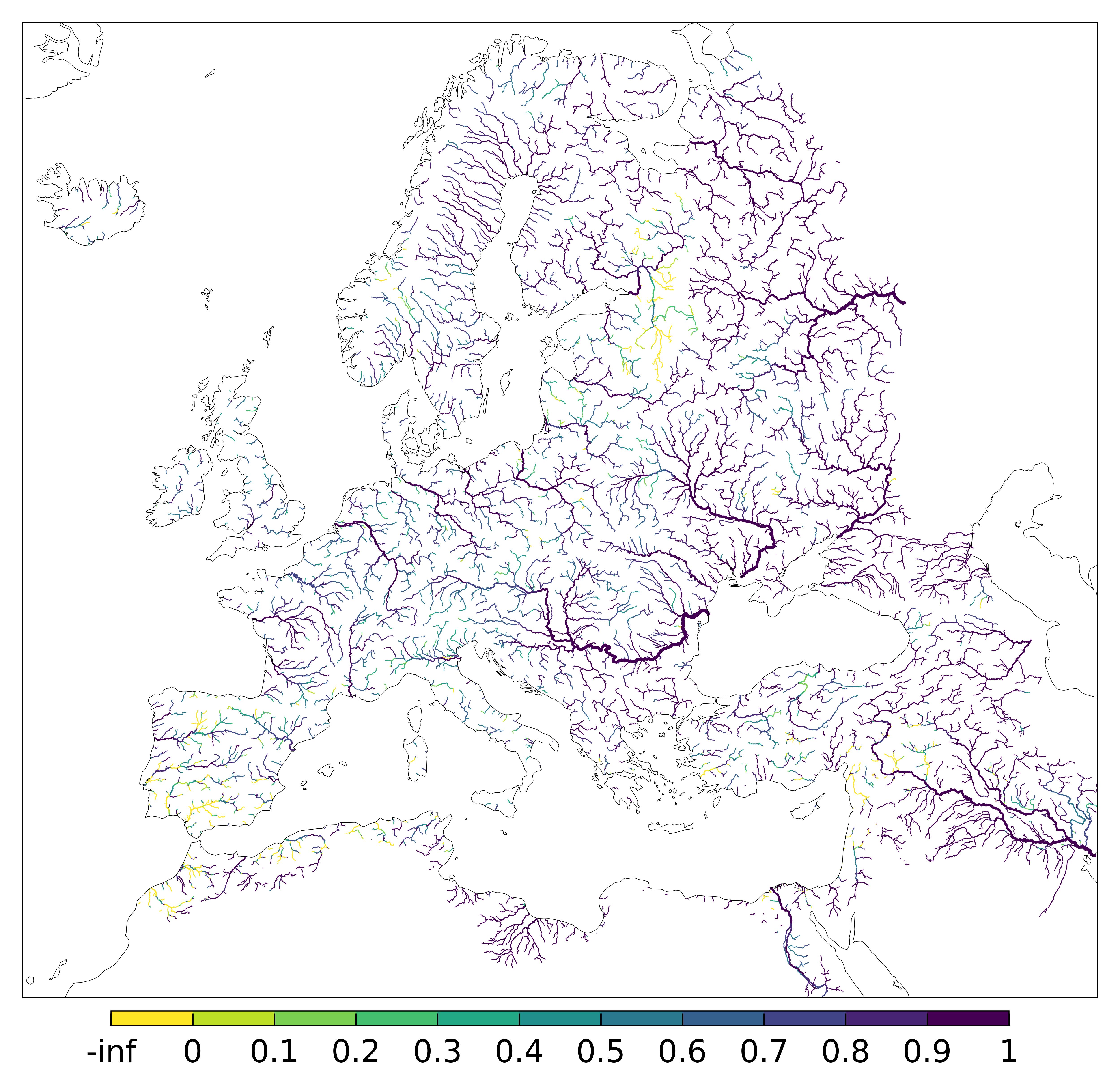 Figure 1. EFAS CRPSS at lead-time 1 day for July 2025 across the EFAS domain for catchments larger than 1000km2. Climatology is used as the reference forecast.