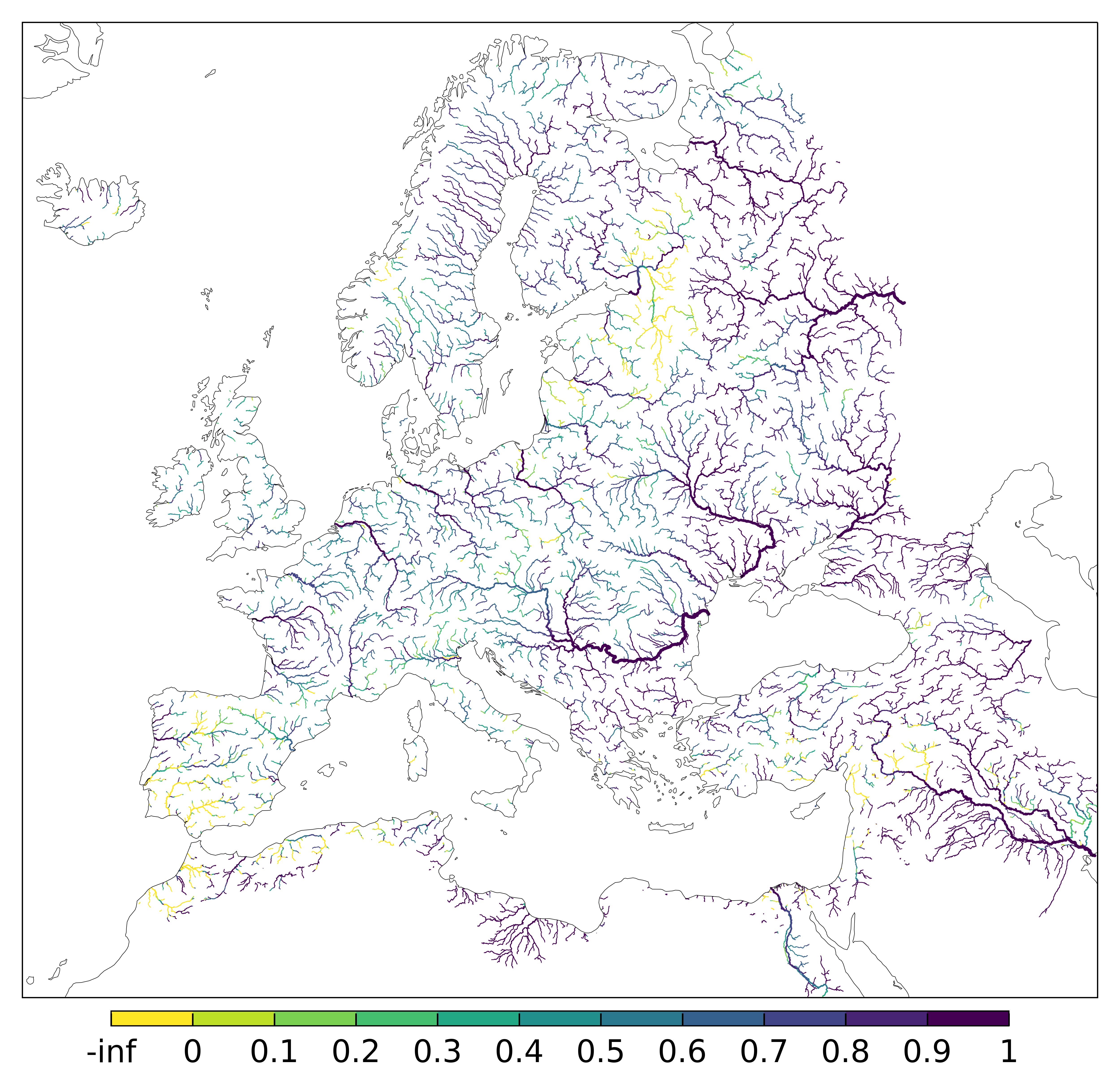 Figure 2. EFAS CRPSS at lead-time 3 day fo July 2025 across the EFAS domain for catchments larger than 1000km2. Climatology is used as the reference forecast.