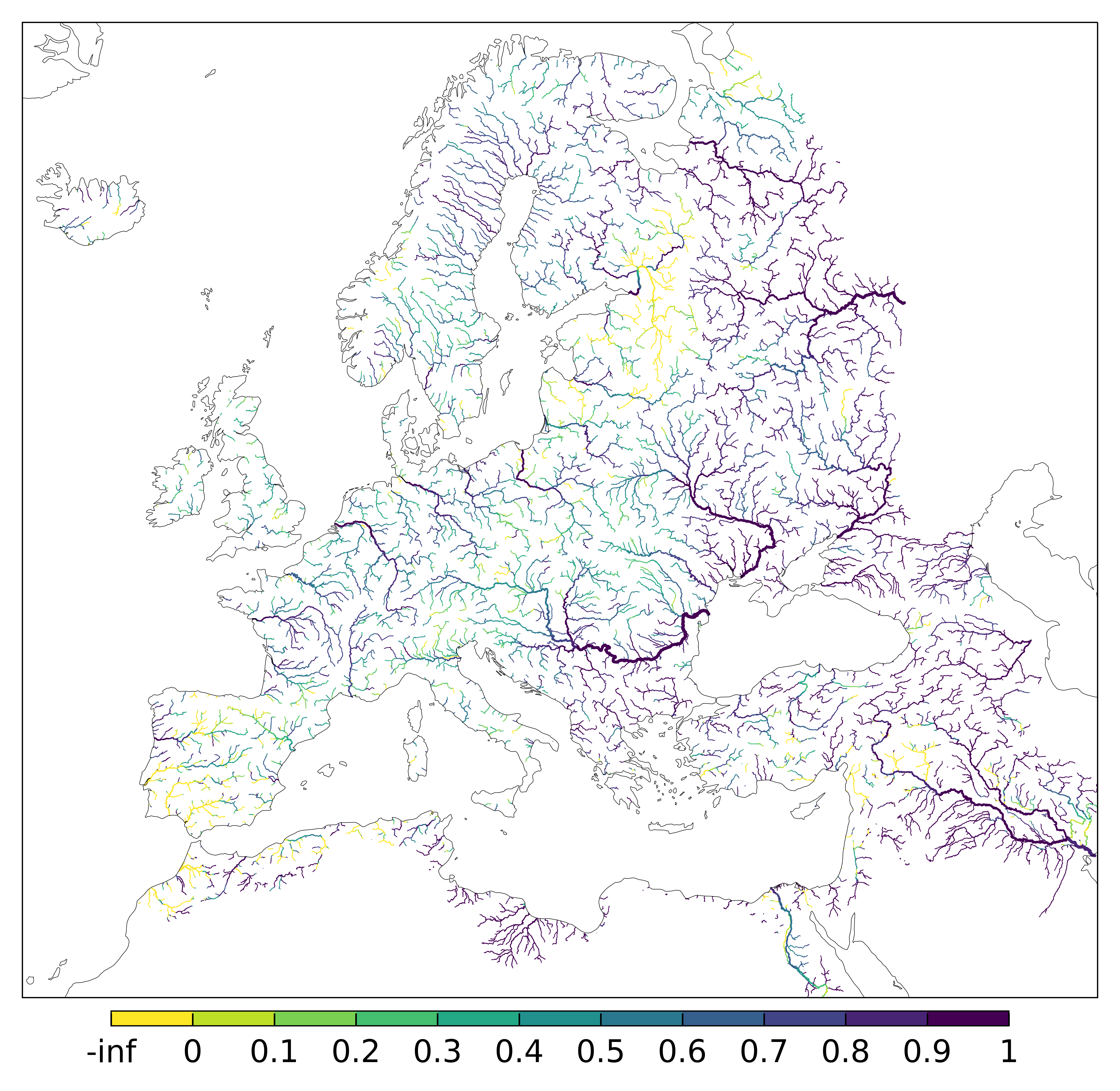 Figure 3. EFAS CRPSS at lead-time 5 day for July 2025 across the EFAS domain for catchments larger than 1000km2. Climatology is used as the reference forecast.