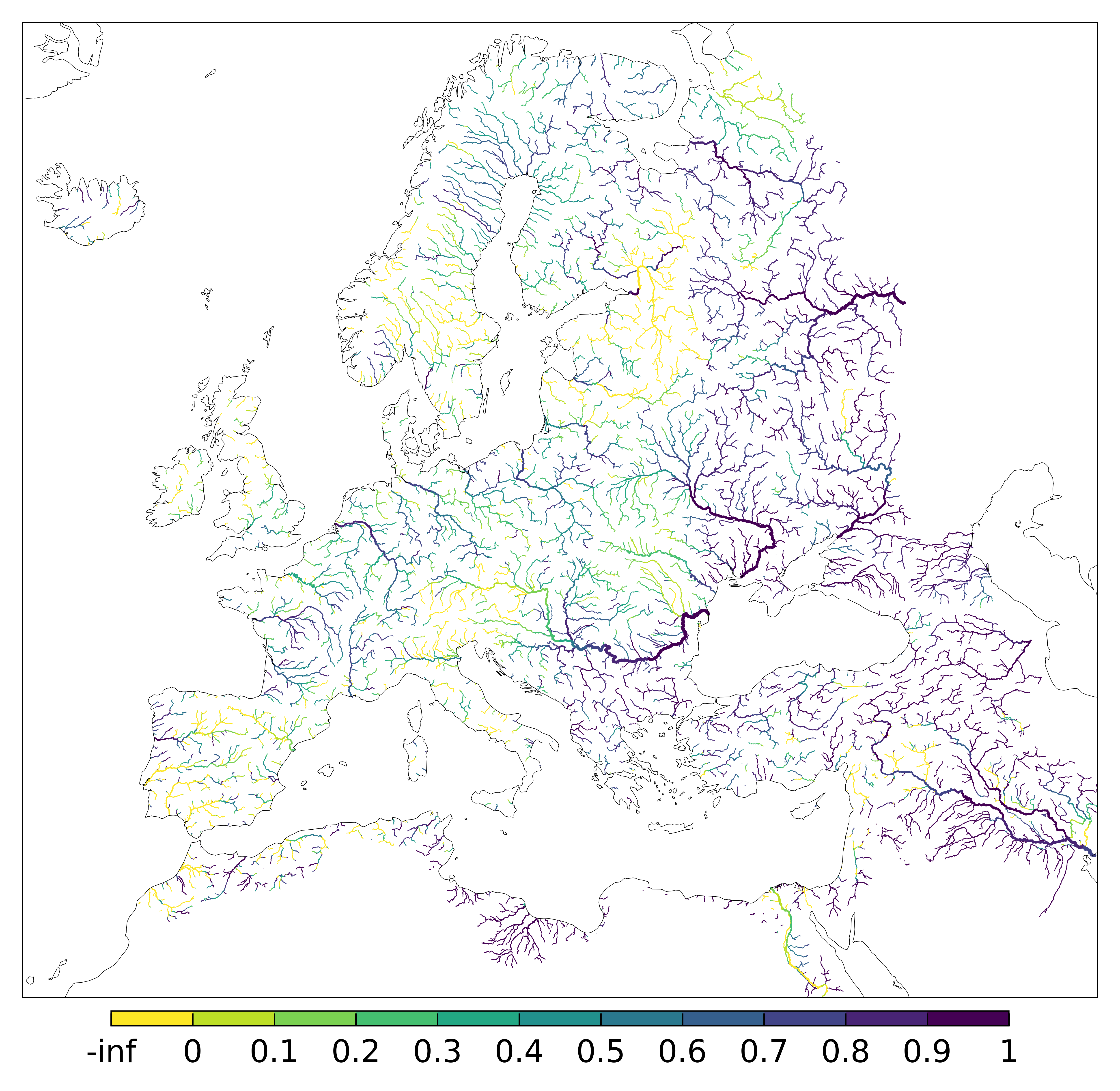 Figure 4. EFAS CRPSS at lead-time 10 day for July 2025 across the EFAS domain for catchments larger than 1000km2. Climatology is used as the reference forecast.