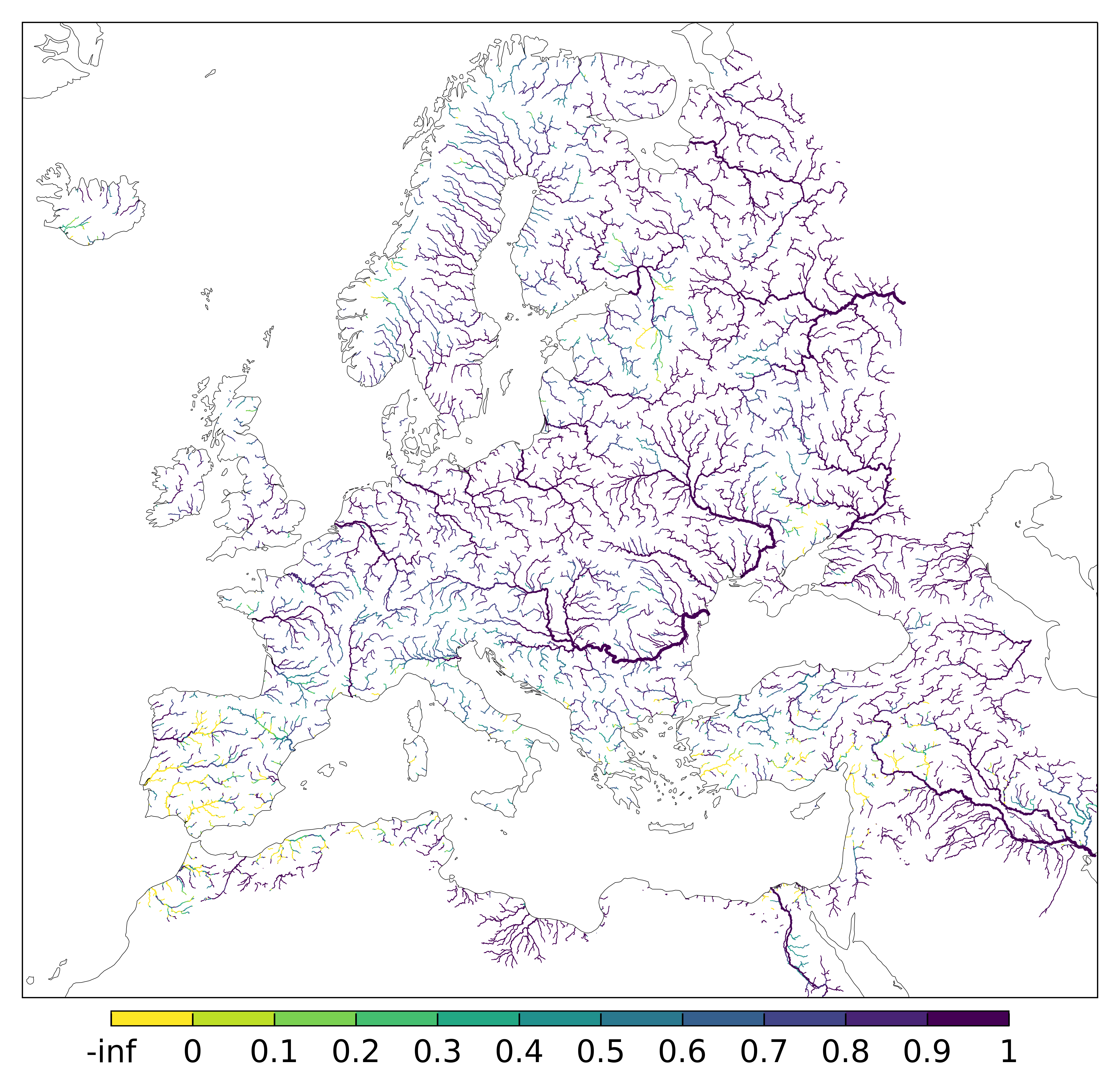 Figure 1. EFAS CRPSS at lead-time 1 day for August 2025 across the EFAS domain for catchments larger than 1000km2. Climatology is used as the reference forecast.