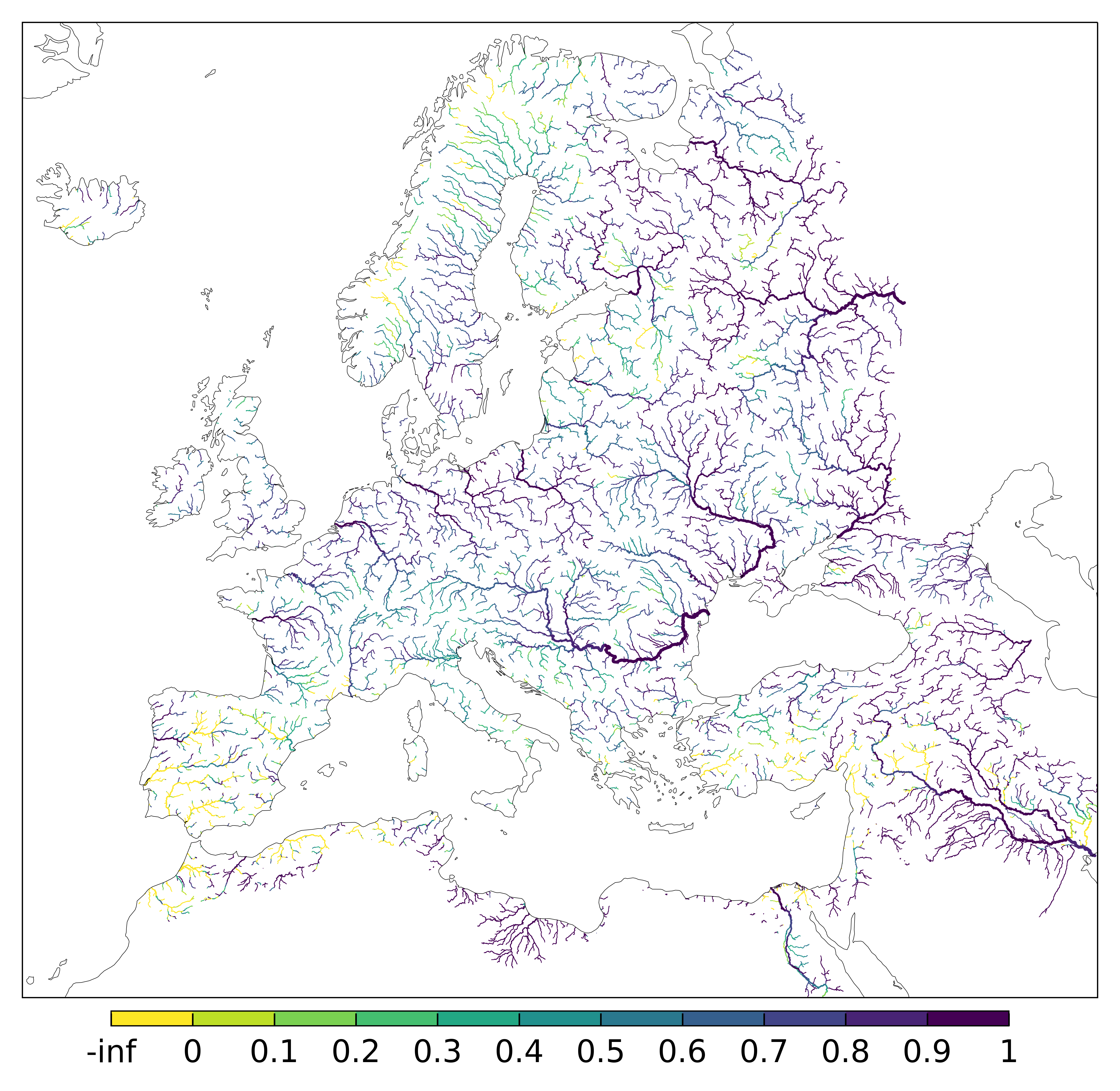 Figure 3. EFAS CRPSS at lead-time 5 day for August 2025 across the EFAS domain for catchments larger than 1000km2. Climatology is used as the reference forecast.