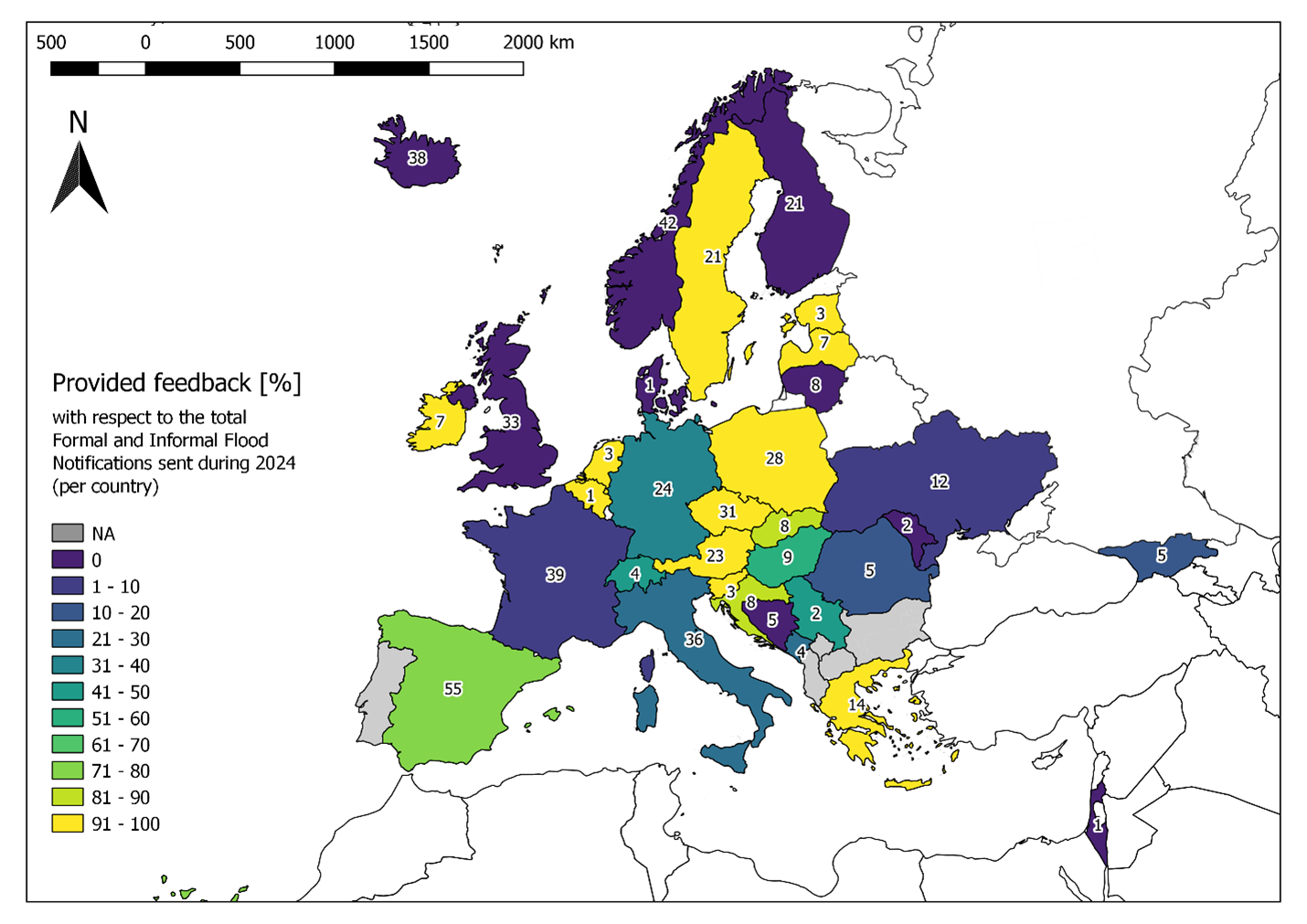 Figure 2: Percentage of EFAS Formal and Informal Flood Notifications for which feedback was provided for 2024, aggregated per country (in colour). The total number of Formal and Informal Flood Notifications sent for each country during 2024 is shown on the map. EFAS partner countries for which neither Formal or Informal Flood Notifications were issued during 2024 are shaded in grey.