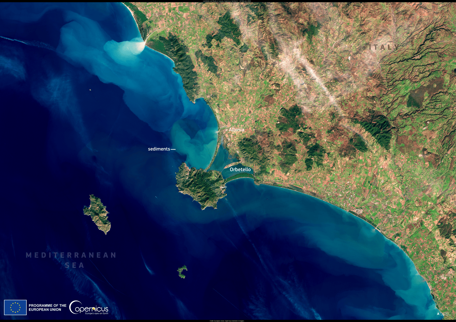 Satellite image showing sediment-laden floodwaters along the coast of Tuscany, Italy. Credit: European Union, Copernicus Sentinel-2 imagery