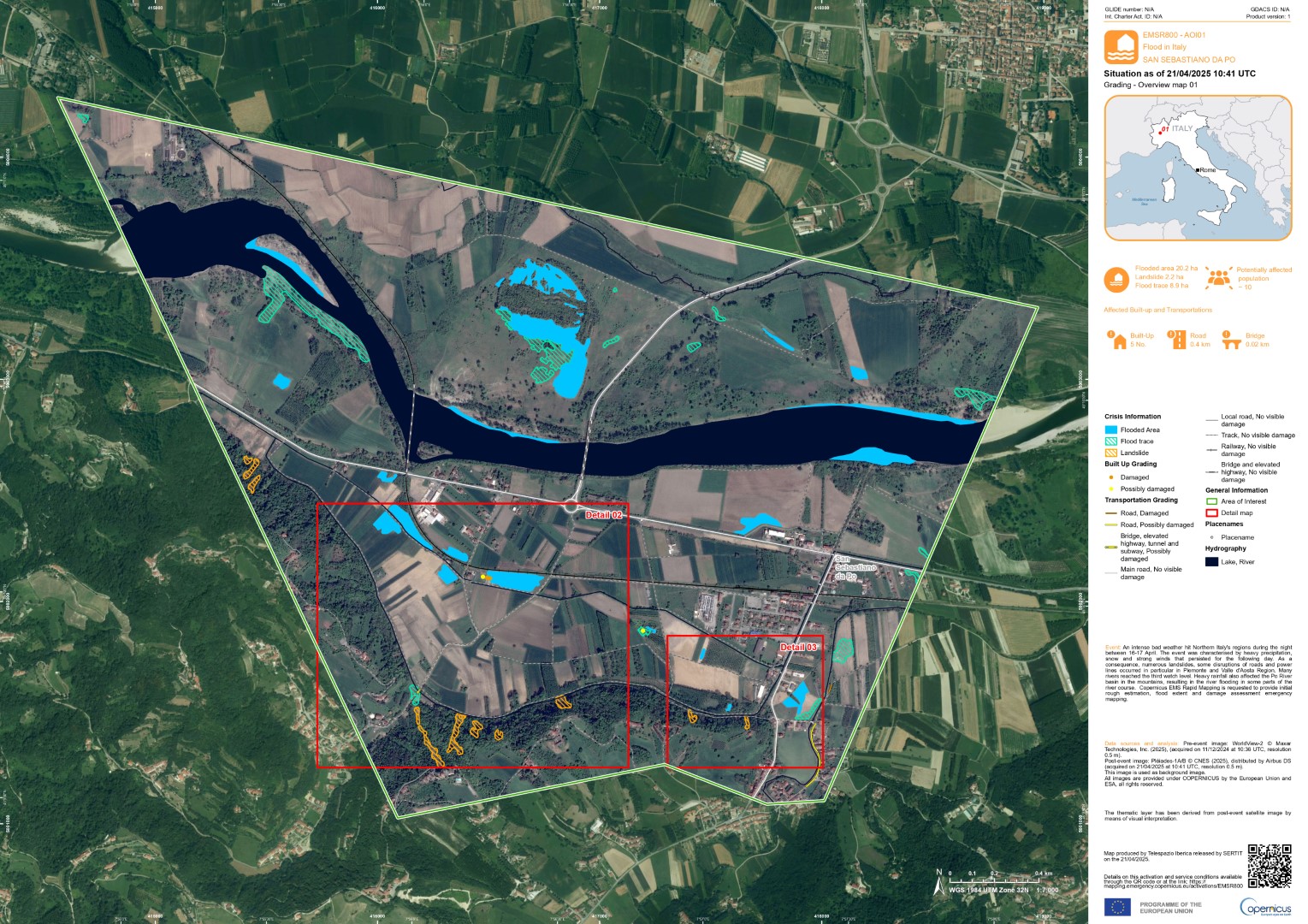 Copernicus EMS Rapid Mapping provided flood extent and damage assessment emergency mapping. This image is of San Sebastiano da Po in the Metropolitan City of Turin in Piedmont from 21 Amy 2025. Credit: Copernicus EMS Rapid Mapping See the original and other maps here: https://rapidmapping.emergency.copernicus.eu/EMSR800/
