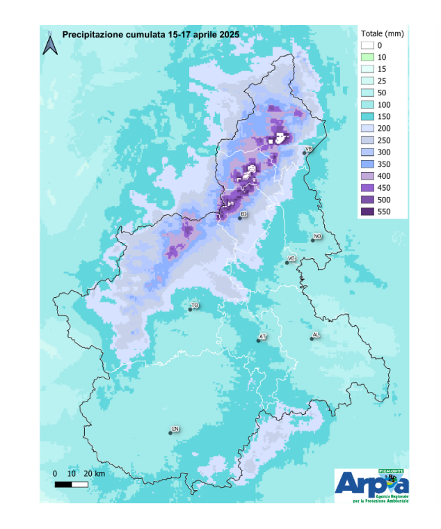 Cumulative rainfall in Piedmont Region, Italy, 15-17 April 2025. Credit: ARPA Piedmont
