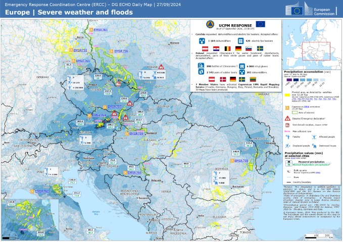 Emergency Response Coordination Centre (ERCC) – DG ECHO Daily Map | 27/09/2024 Europe | Severe weather and floods. Credit: European Union, 2024. Map produced by the JRC. (See the original here: https://erccportal.jrc.ec.europa.eu/ECHO-Products/Maps#/maps/5012 )